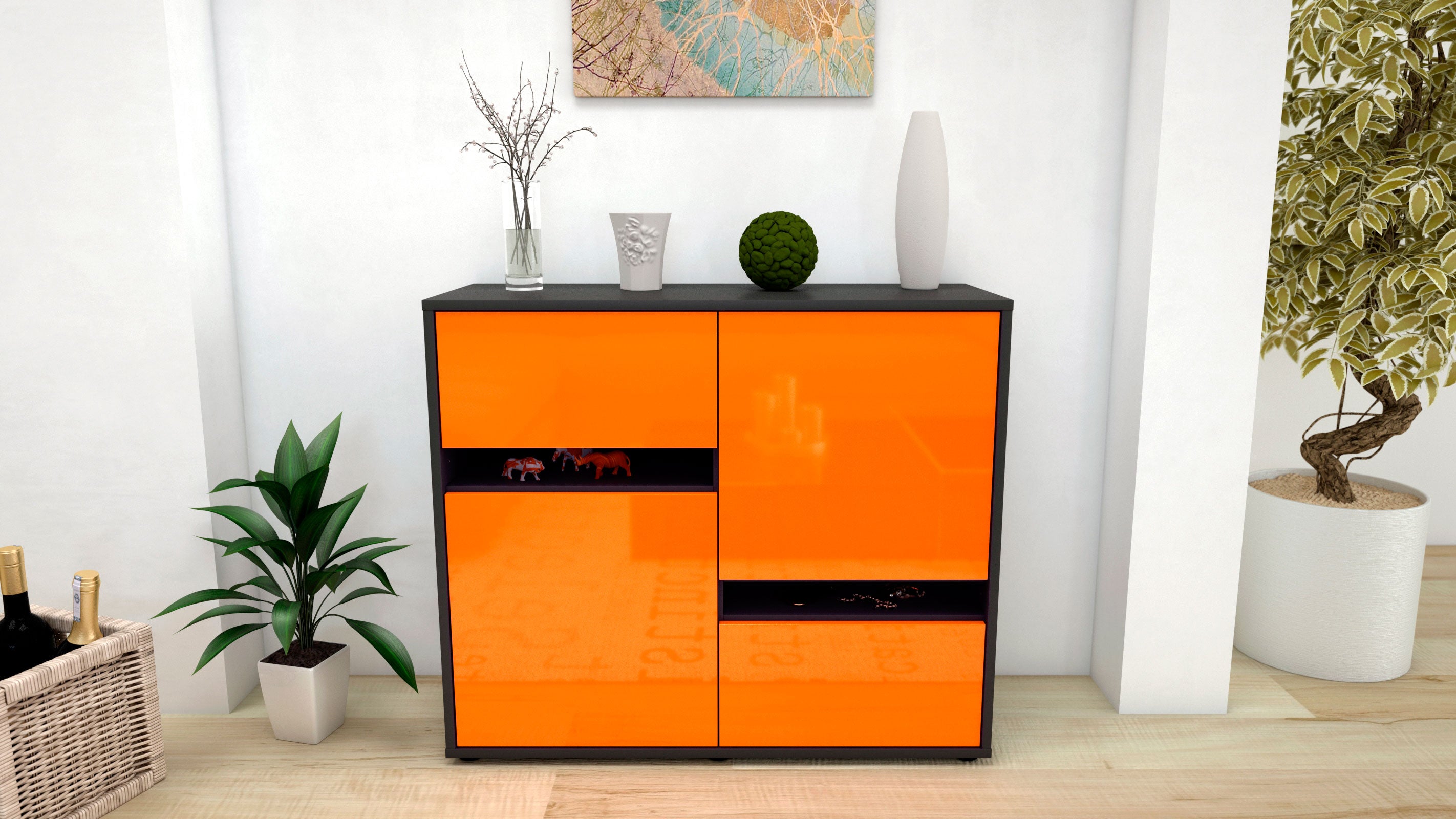 Sideboard - Carlotta - Design Hochglanz - Freistehend mit Push to open  92 cm Anthrazit