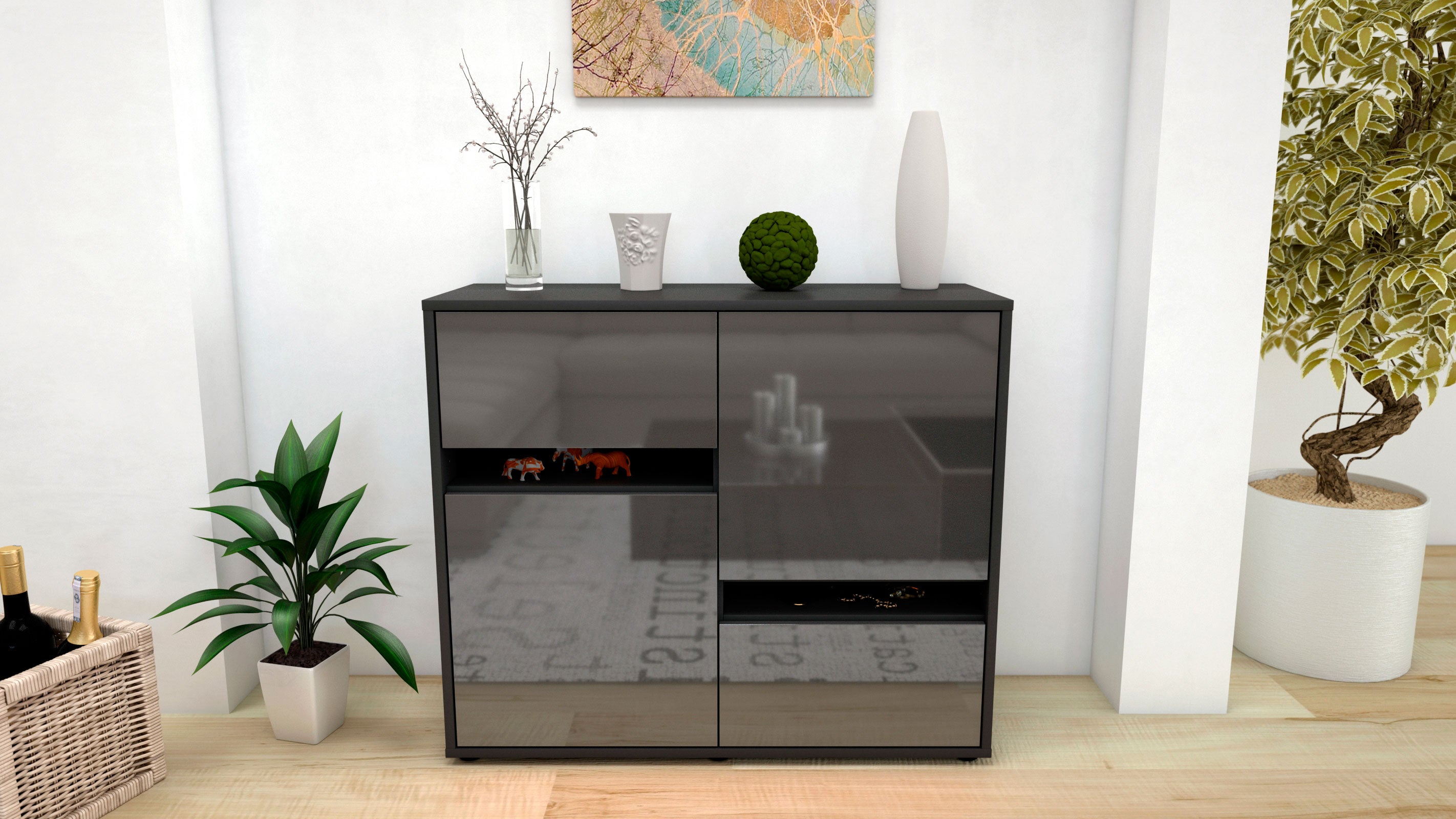 Sideboard - Carlotta - Design Hochglanz - Freistehend mit Push to open  92 cm Anthrazit