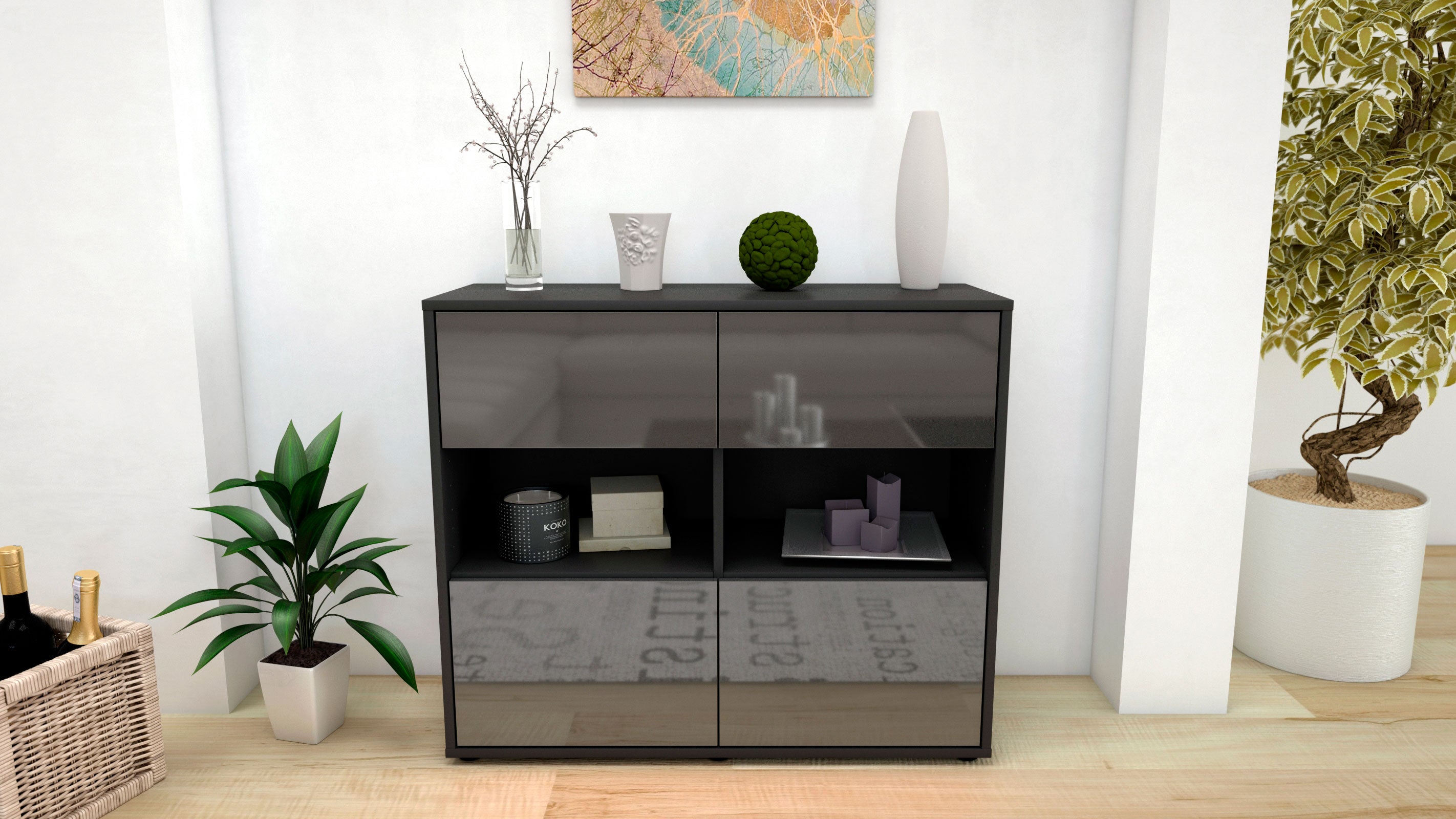 Sideboard - Carmen - Design Hochglanz - Freistehend mit Push to open  92 cm Anthrazit