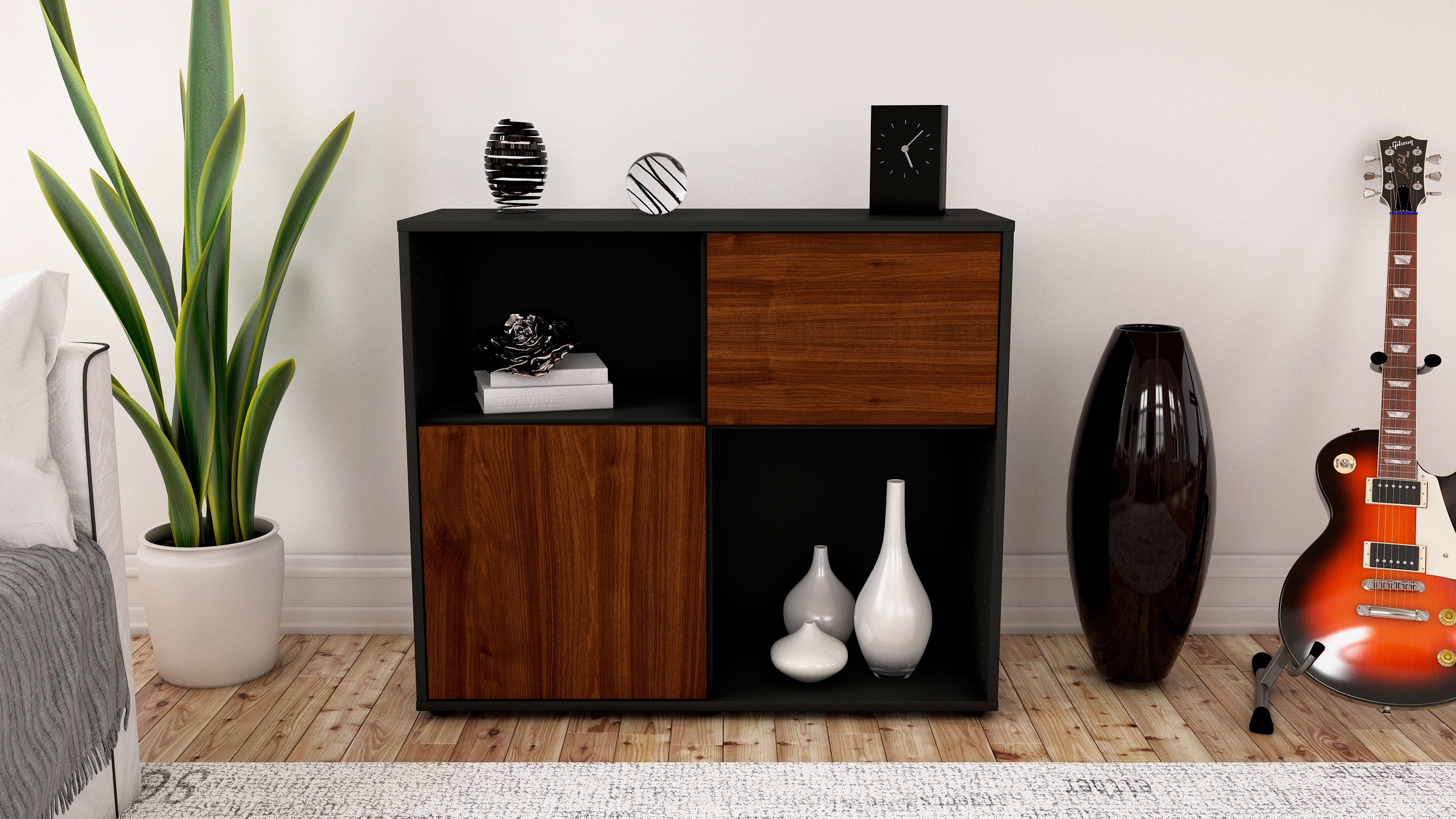 Sideboard - Carola - Design Holzdekor - Freistehend mit Push to open  92 cm Anthrazit