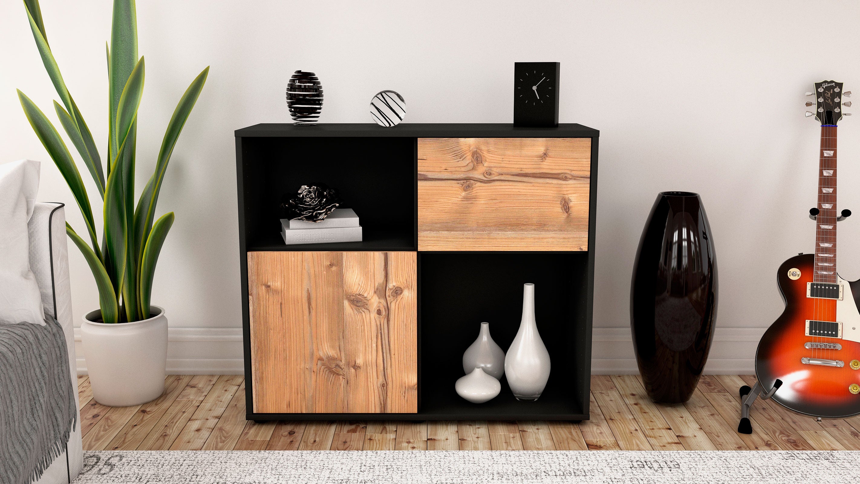 Sideboard - Carola - Design Holzdekor - Freistehend mit Push to open  92 cm Anthrazit