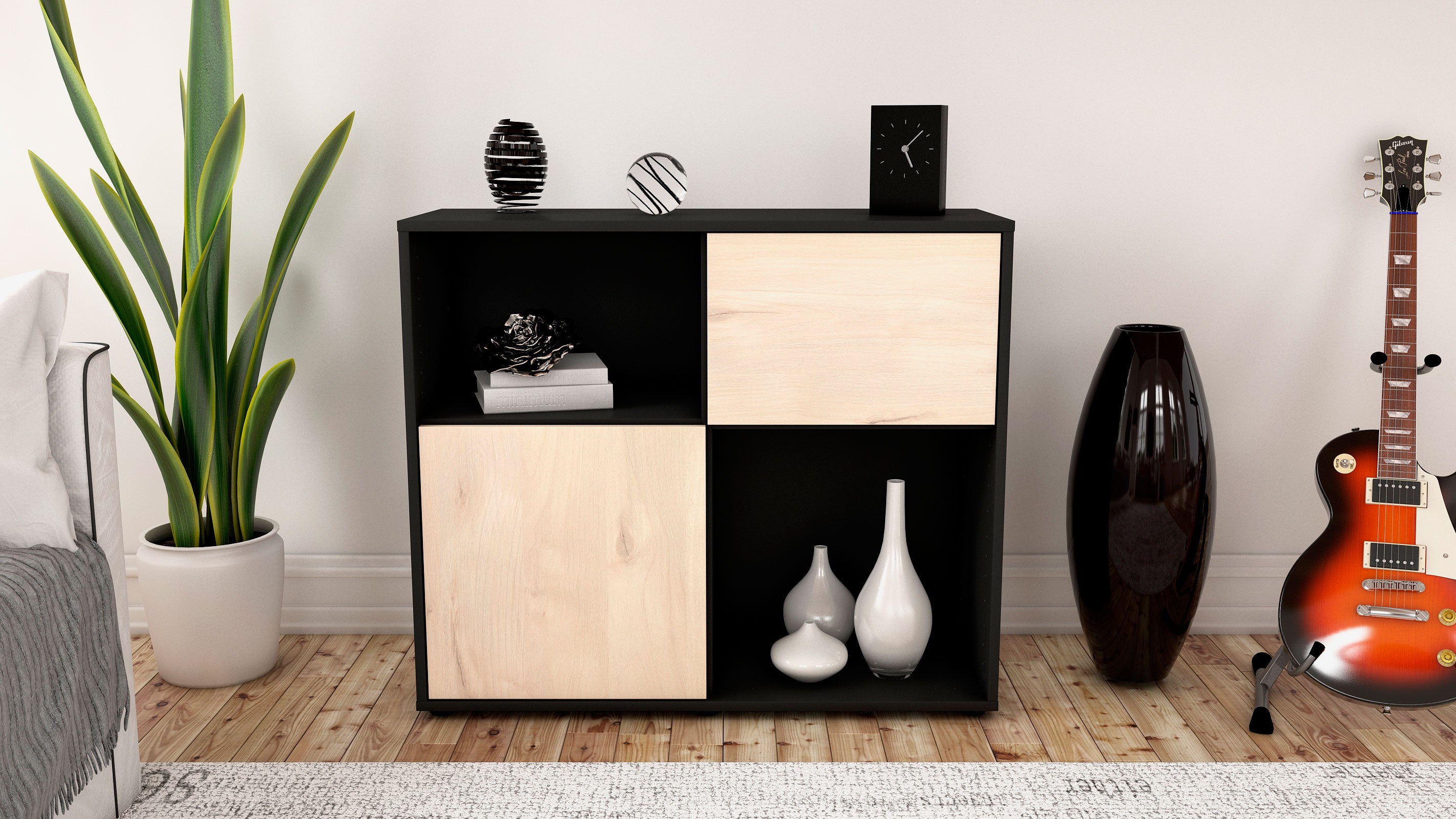 Sideboard - Carola - Design Holzdekor - Freistehend mit Push to open  92 cm Anthrazit