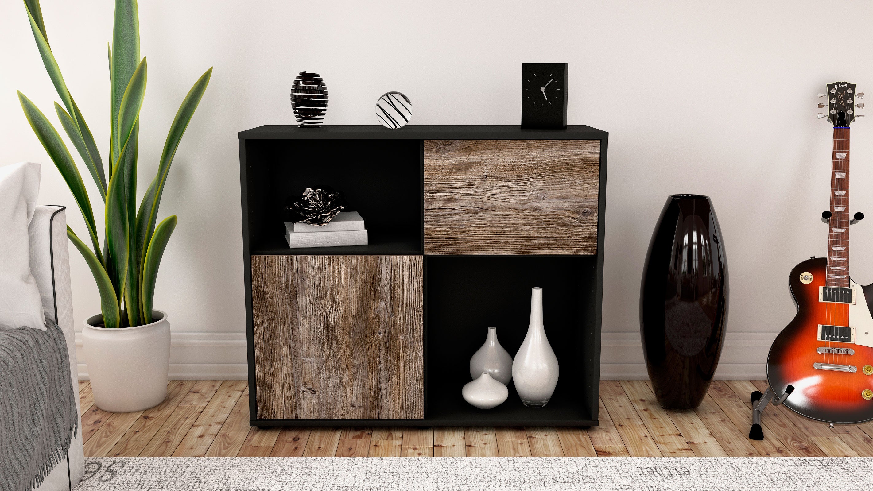 Sideboard - Carola - Design Holzdekor - Freistehend mit Push to open  92 cm Anthrazit