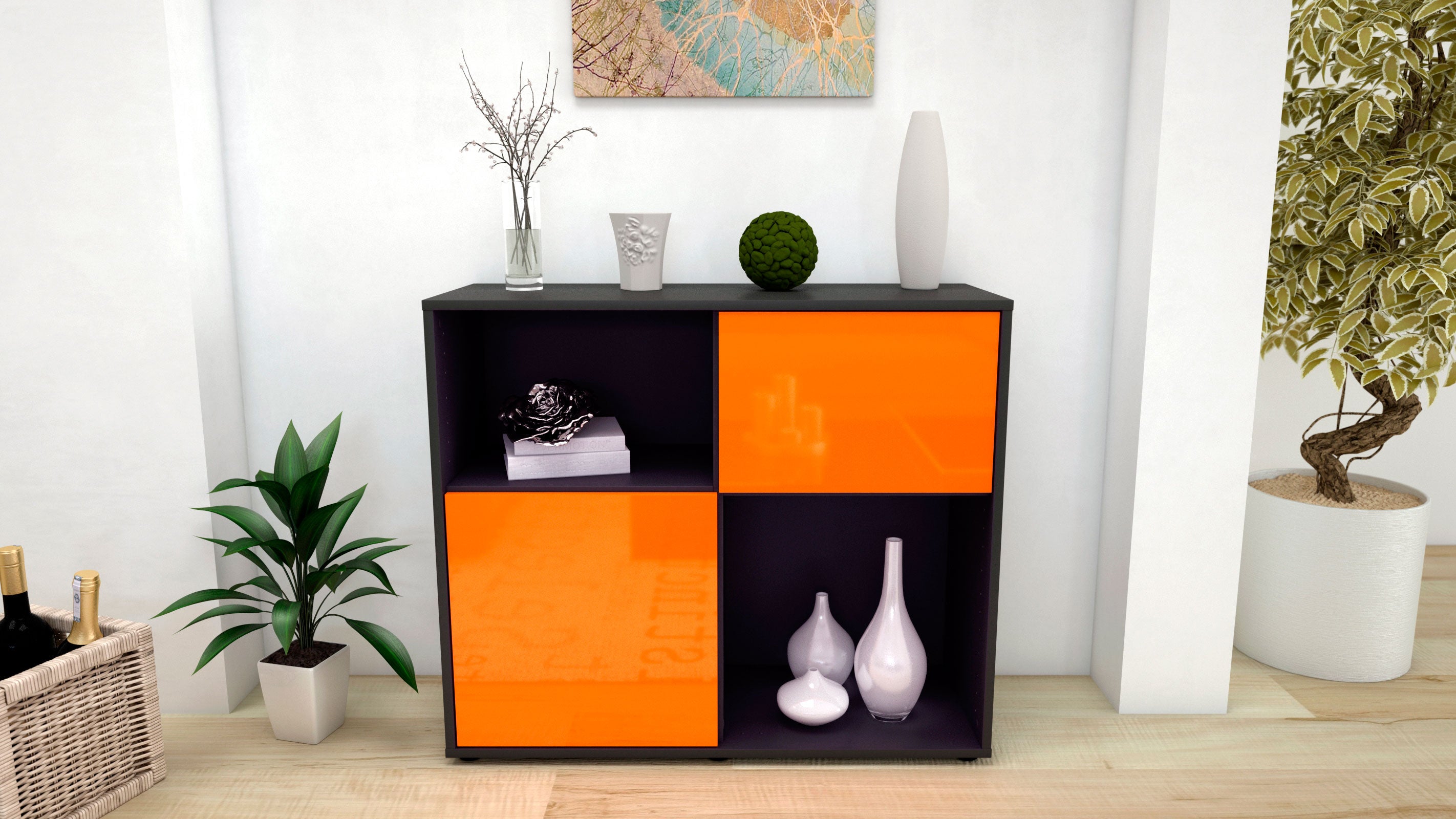Sideboard - Carola - Design Hochglanz - Freistehend mit Push to open  92 cm Anthrazit