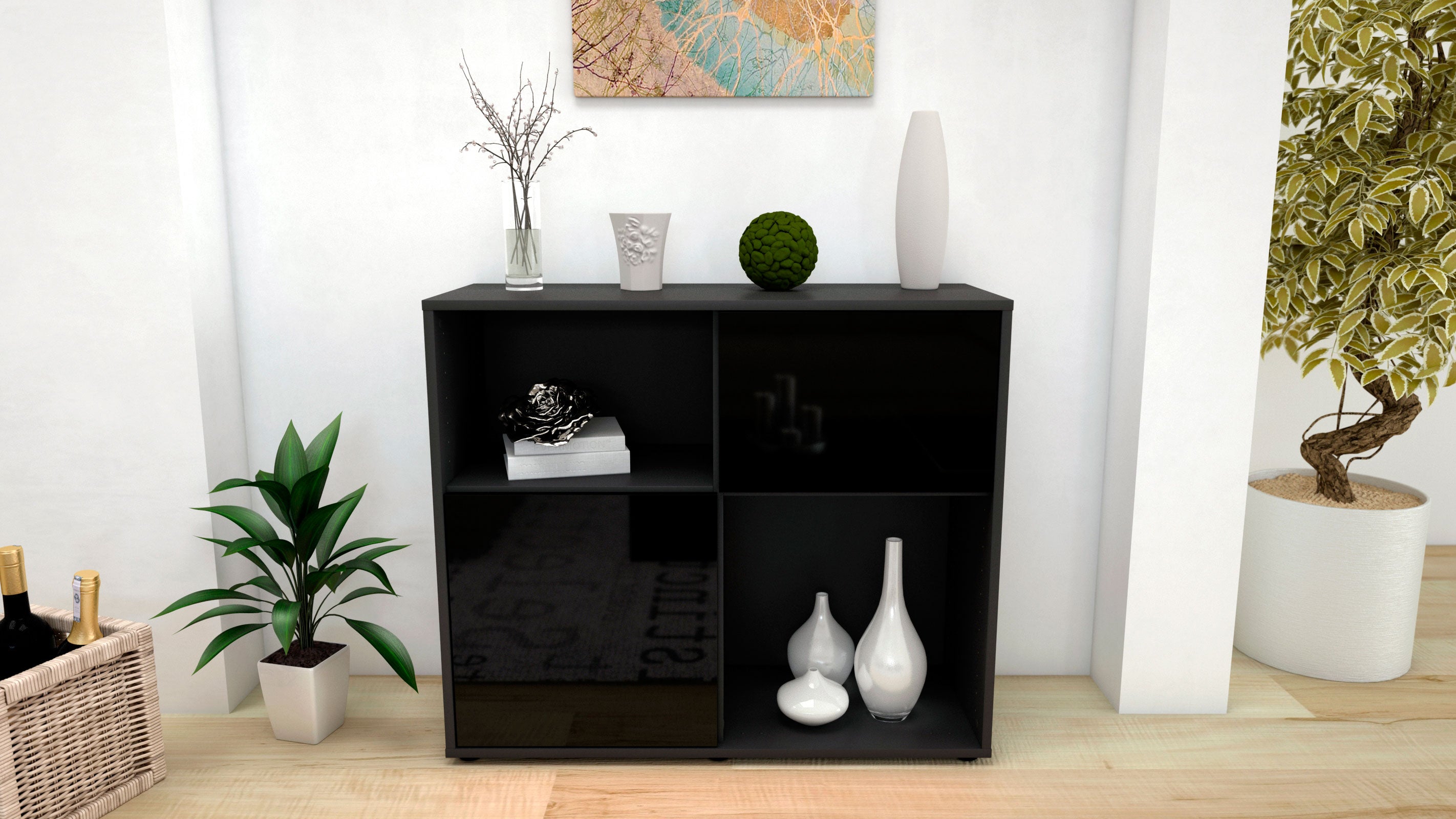 Sideboard - Carola - Design Hochglanz - Freistehend mit Push to open  92 cm Anthrazit