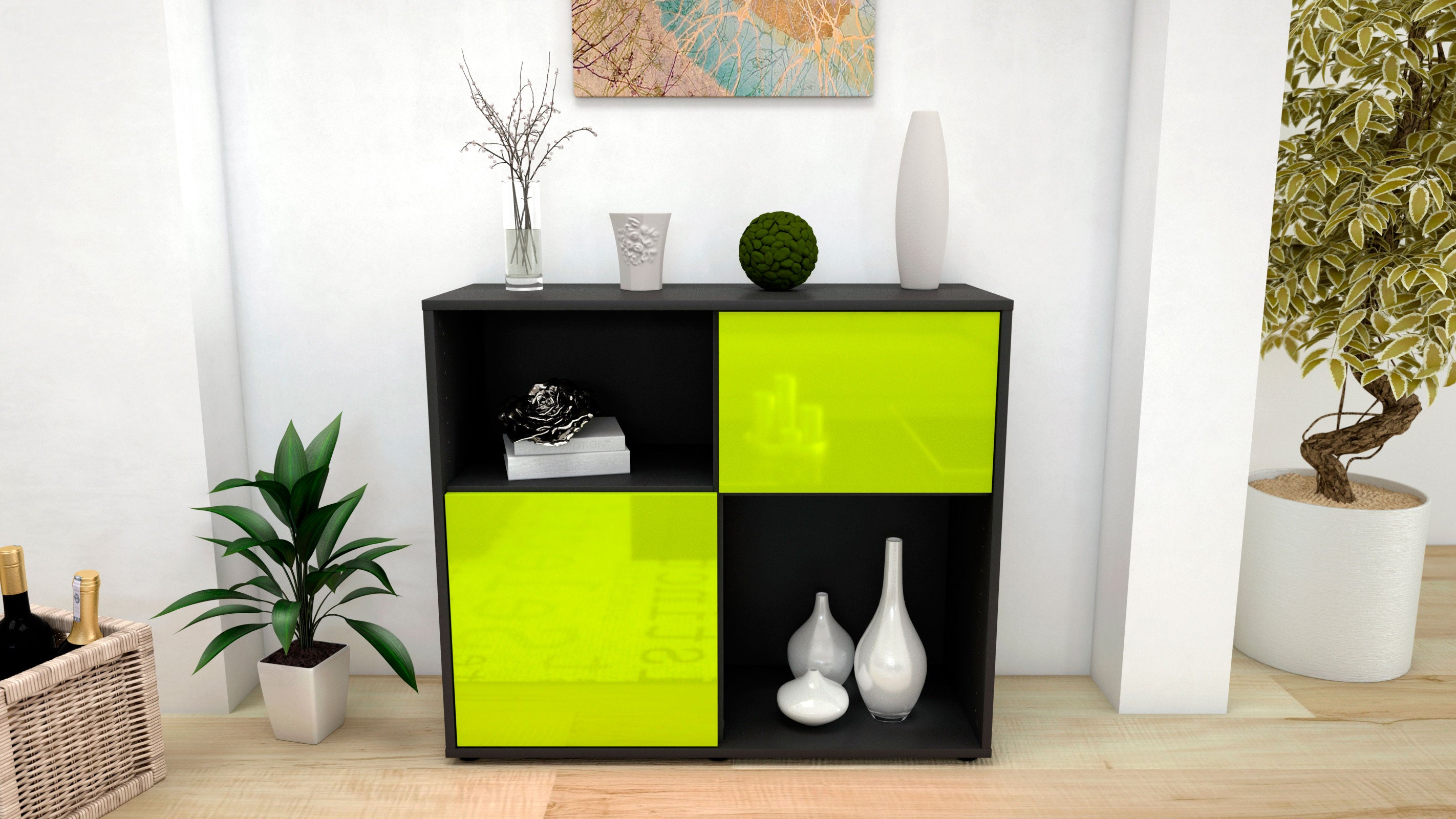 Sideboard - Carola - Design Hochglanz - Freistehend mit Push to open  92 cm Anthrazit