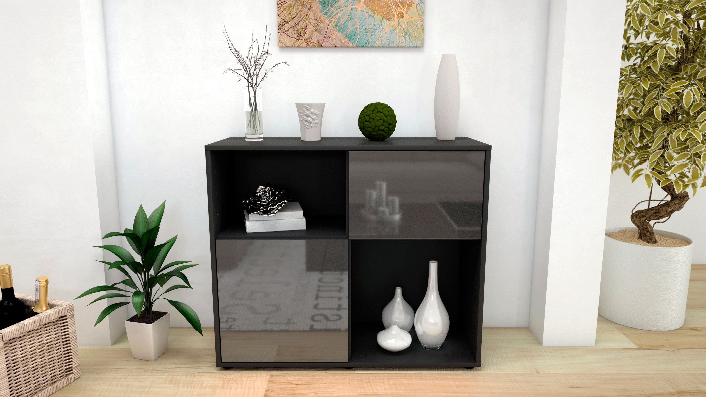Sideboard - Carola - Design Hochglanz - Freistehend mit Push to open  92 cm Anthrazit