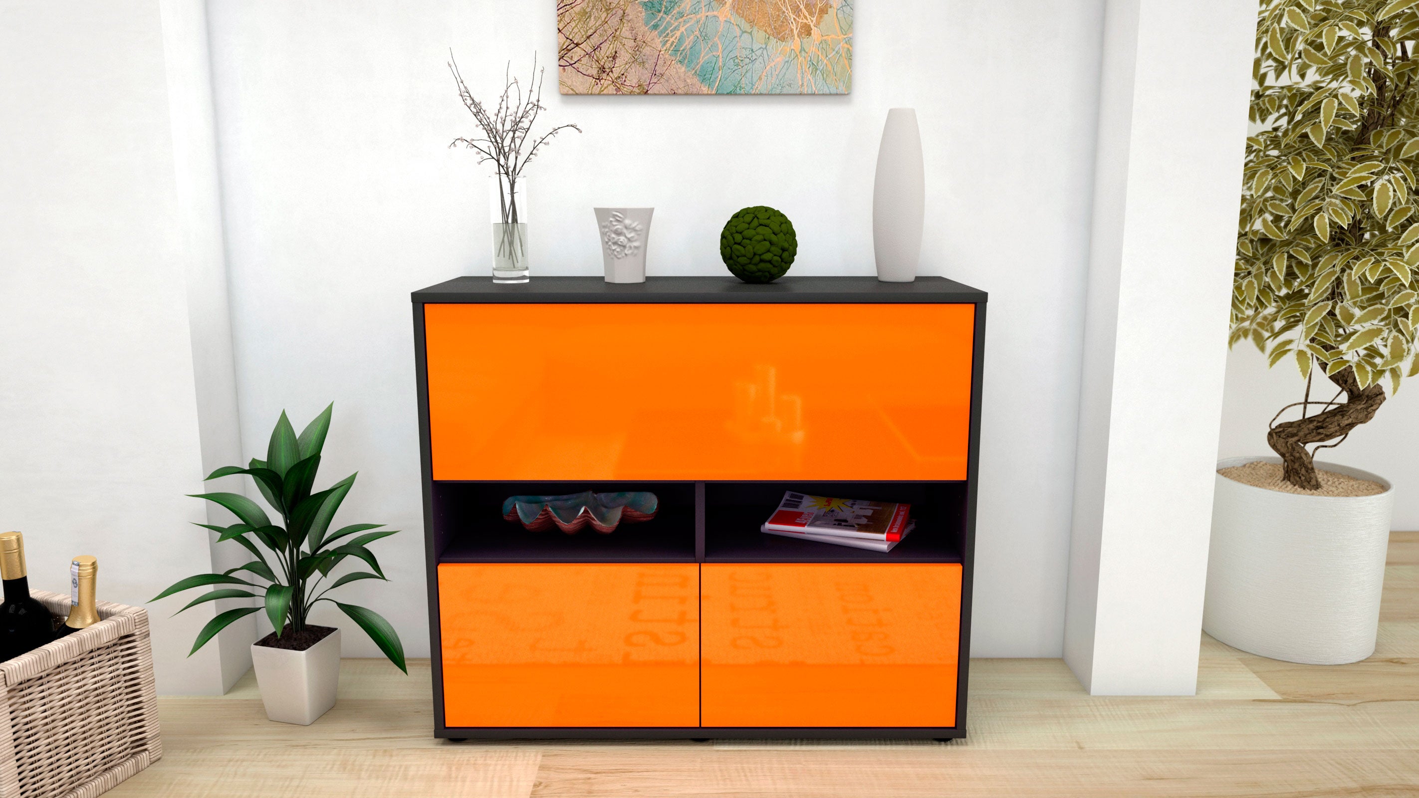 Sideboard - Cassandra - Design Hochglanz - Freistehend mit Push to open  92 cm Anthrazit