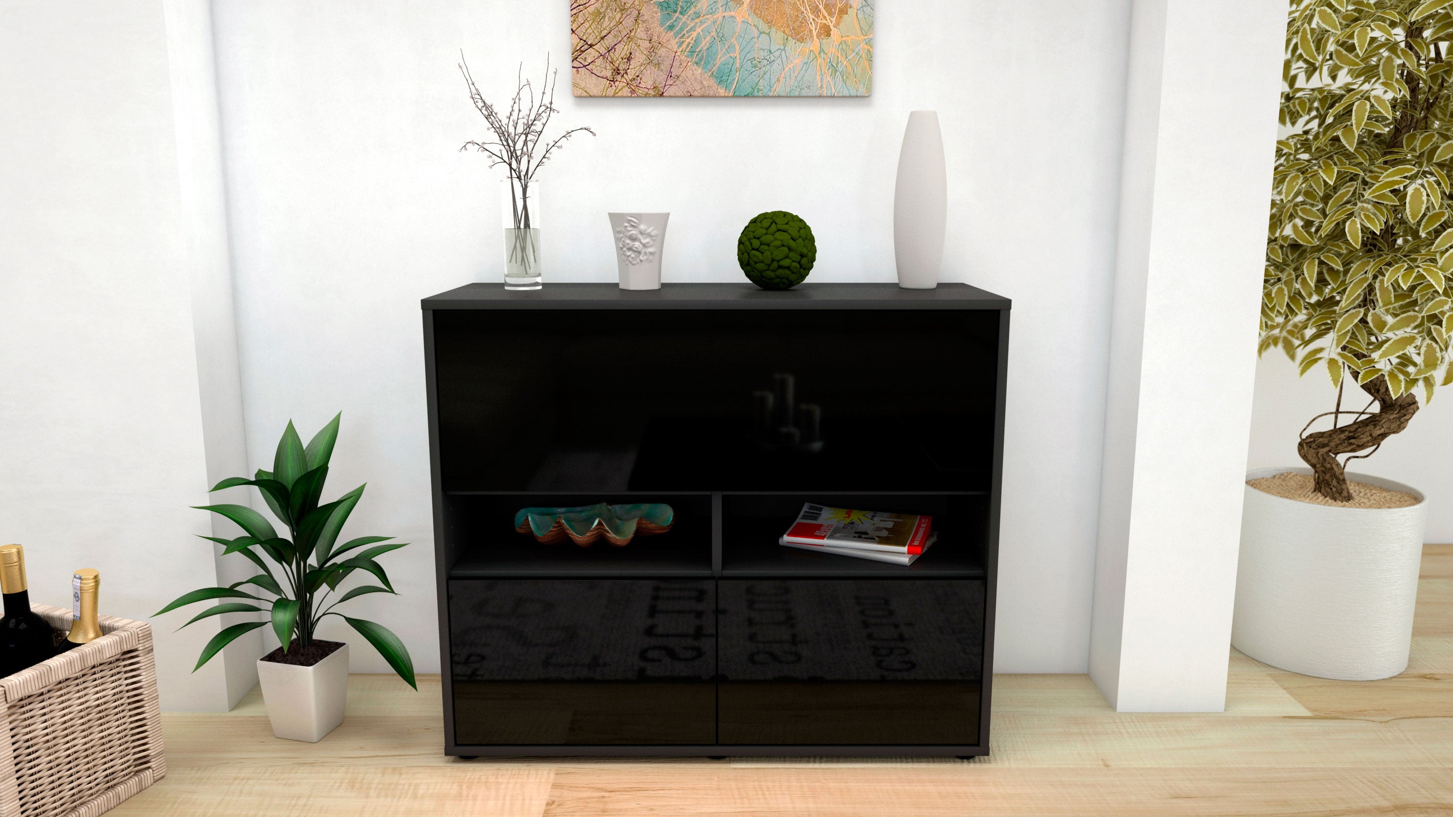 Sideboard - Cassandra - Design Hochglanz - Freistehend mit Push to open  92 cm Anthrazit