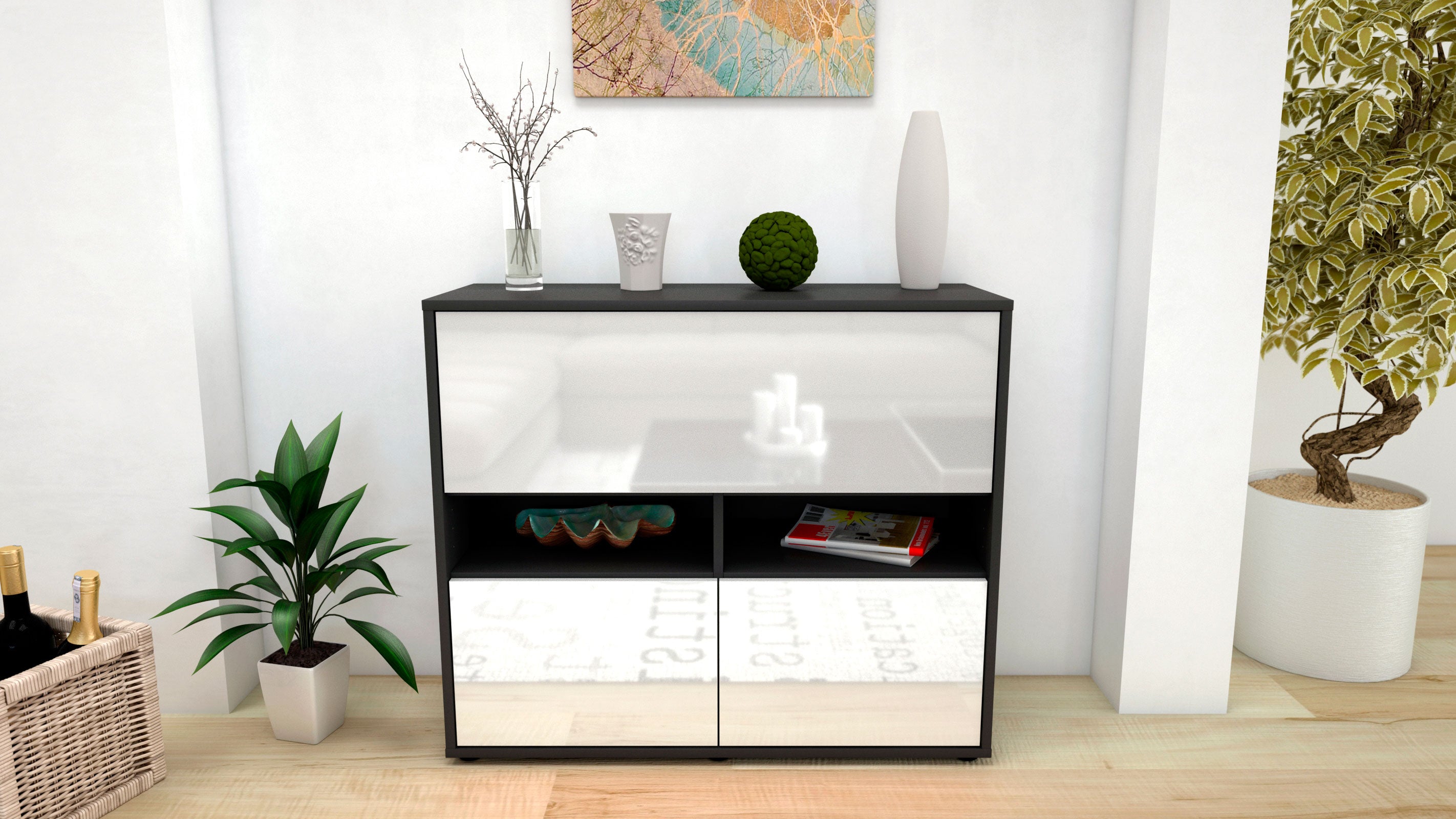 Sideboard - Cassandra - Design Hochglanz - Freistehend mit Push to open  92 cm Anthrazit