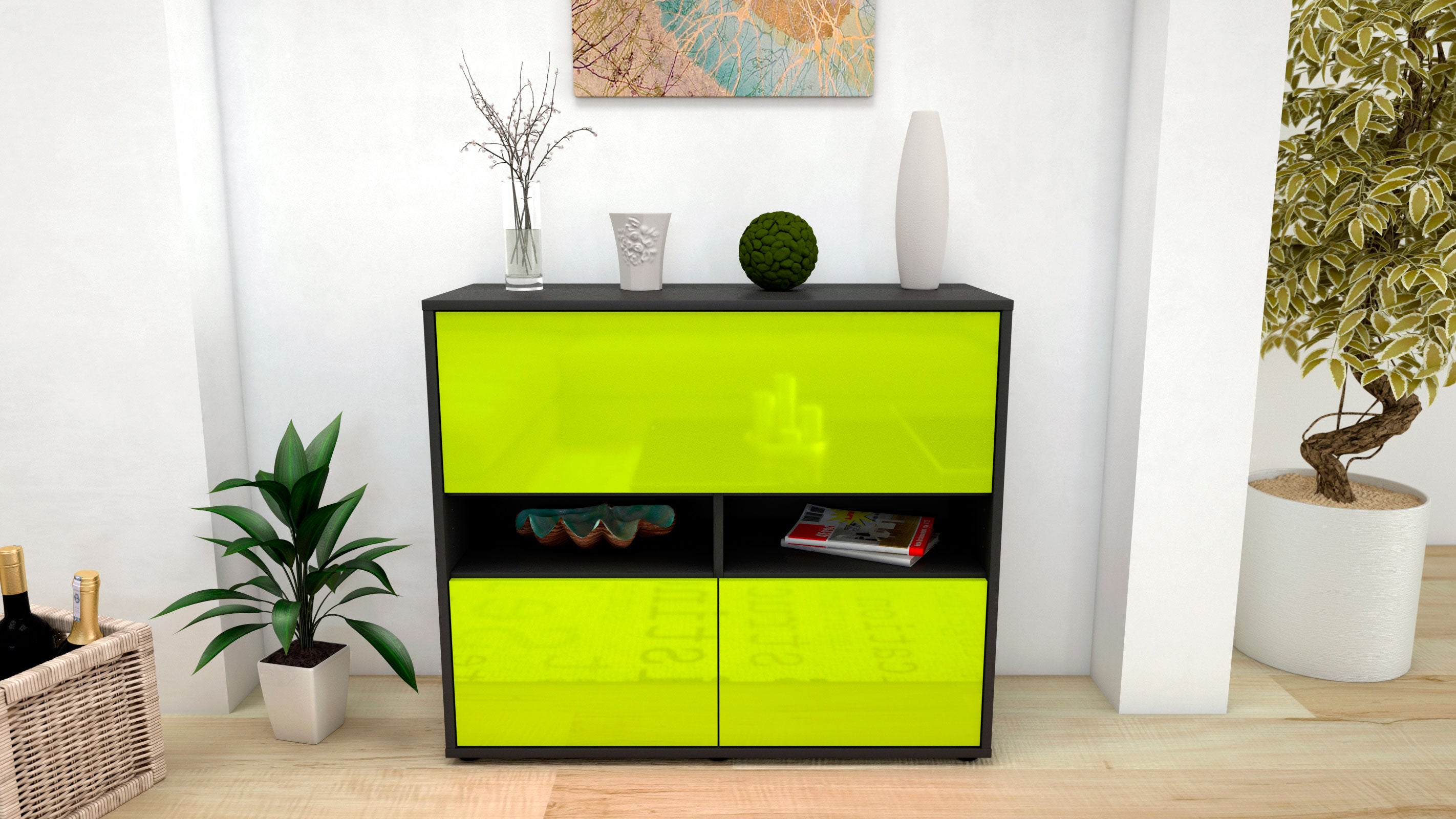 Sideboard - Cassandra - Design Hochglanz - Freistehend mit Push to open  92 cm Anthrazit