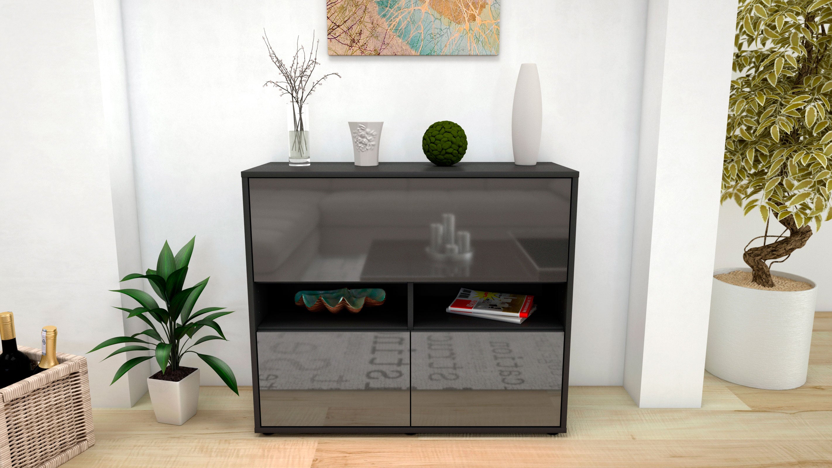 Sideboard - Cassandra - Design Hochglanz - Freistehend mit Push to open  92 cm Anthrazit