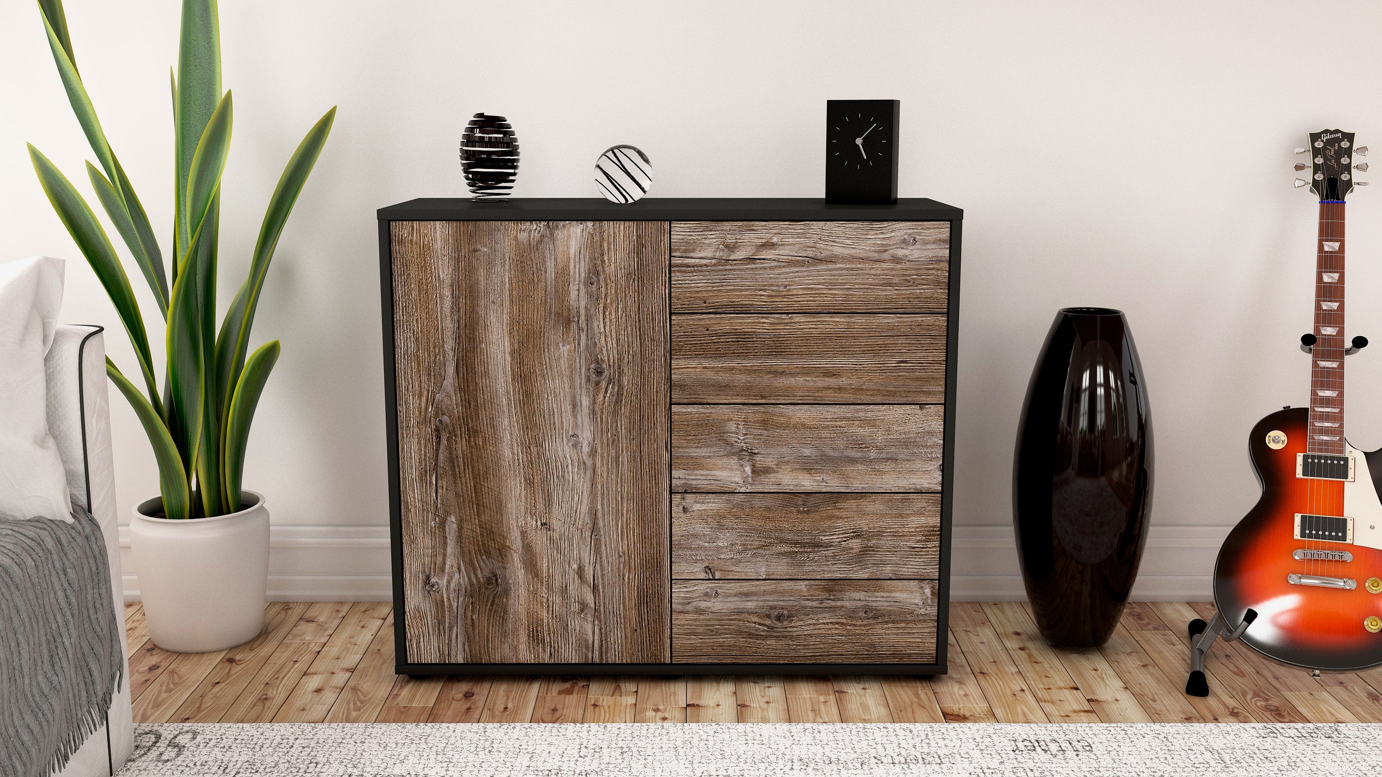 Sideboard - Cecilia - Design Holzdekor - Freistehend mit Push to open  92 cm Anthrazit