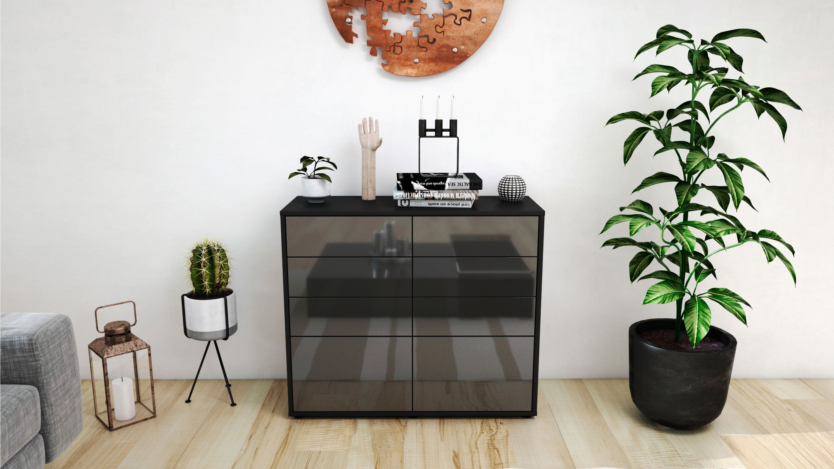 Sideboard - Celeste - Design Hochglanz - Freistehend mit Push to open  92 cm Anthrazit