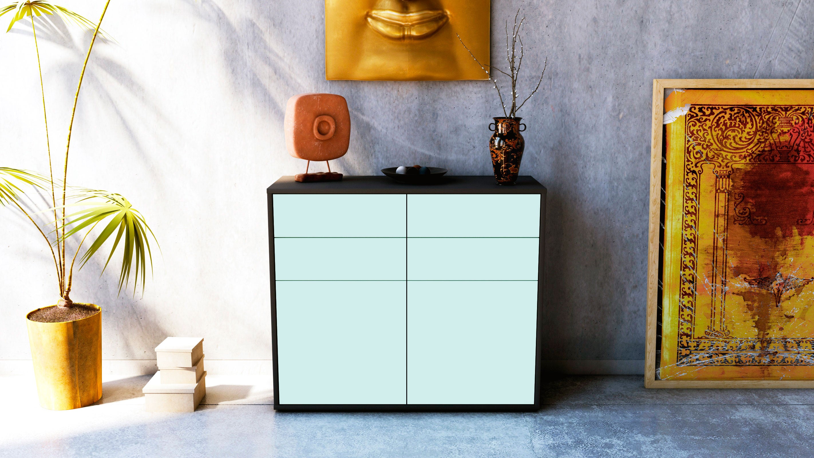 Sideboard - Celia - Design Farbakzent - Freistehend mit Push to open  92 cm Anthrazit