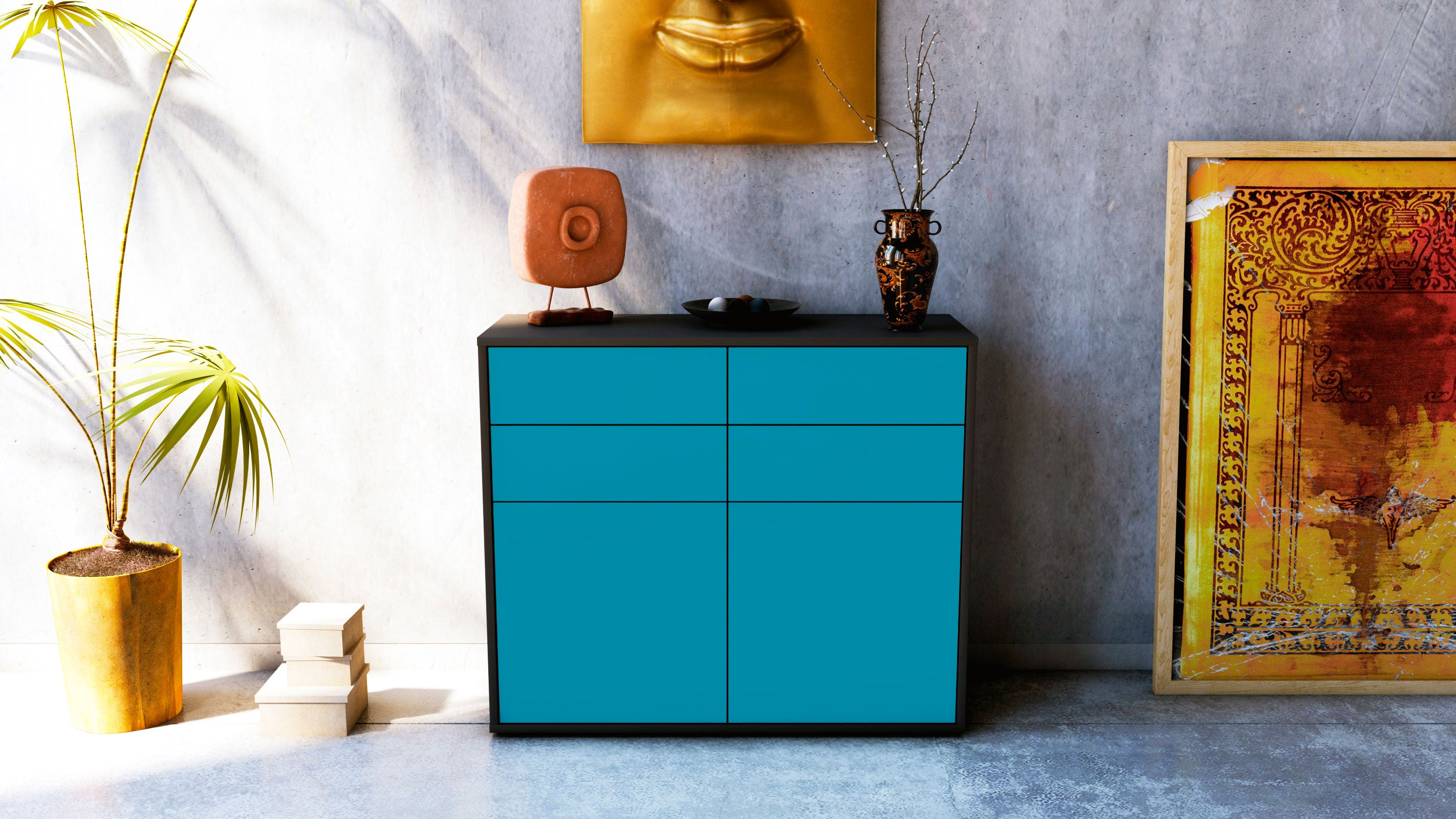 Sideboard - Celia - Design Farbakzent - Freistehend mit Push to open  92 cm Anthrazit