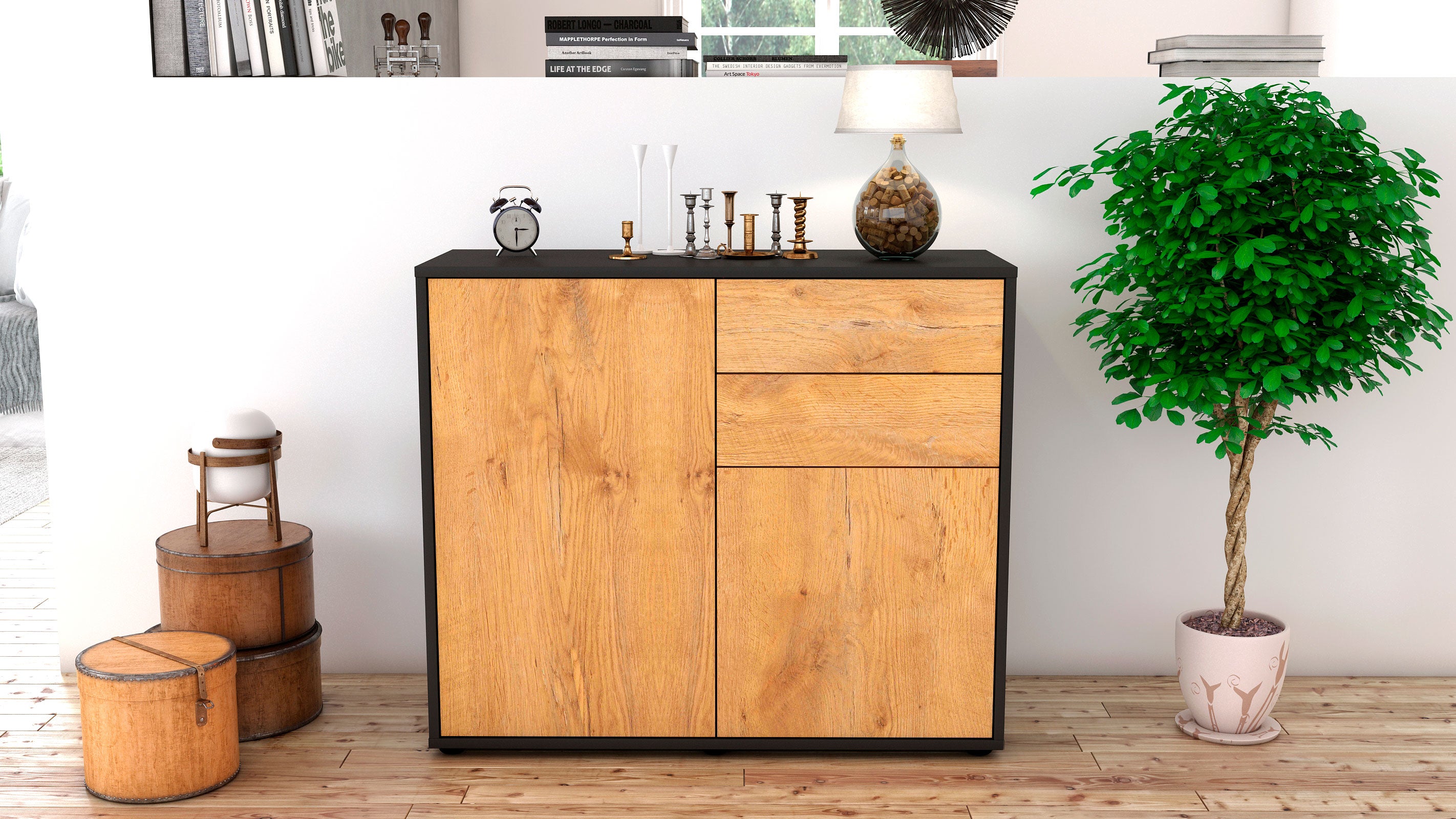 Sideboard - Chantal - Design Holzdekor - Freistehend mit Push to open  92 cm Anthrazit