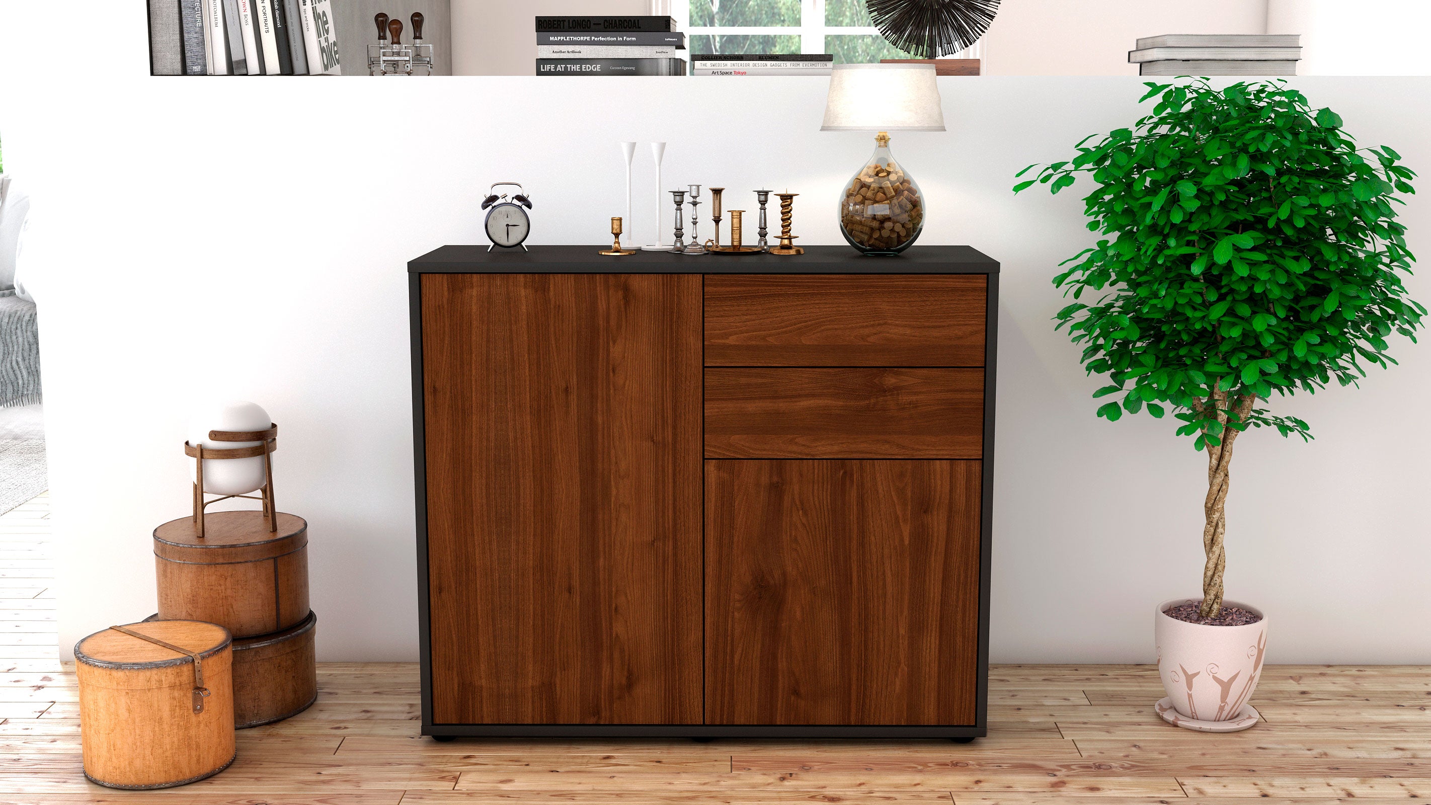 Sideboard - Chantal - Design Holzdekor - Freistehend mit Push to open  92 cm Anthrazit