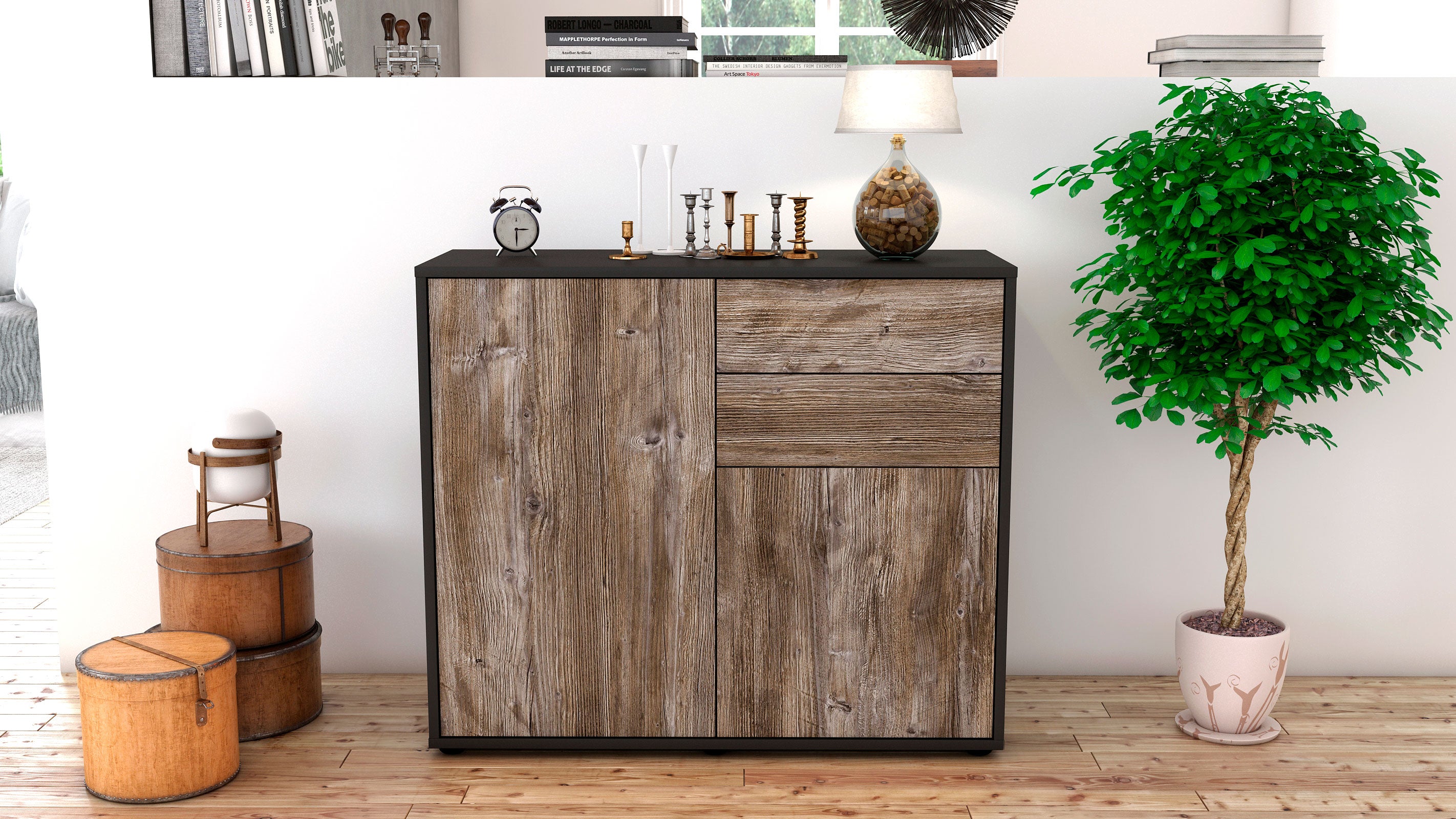 Sideboard - Chantal - Design Holzdekor - Freistehend mit Push to open  92 cm Anthrazit