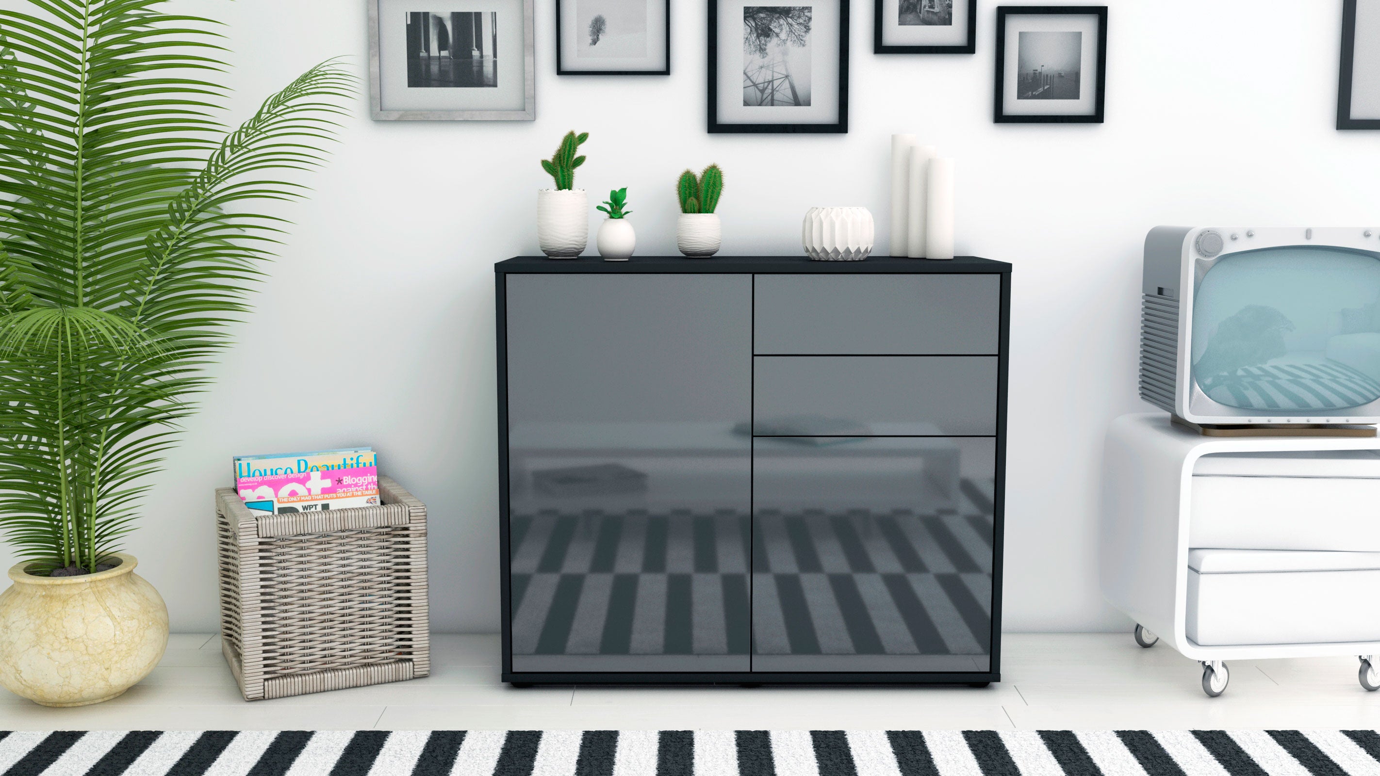 Sideboard - Chantal - Design Hochglanz - Freistehend mit Push to open  92 cm Anthrazit