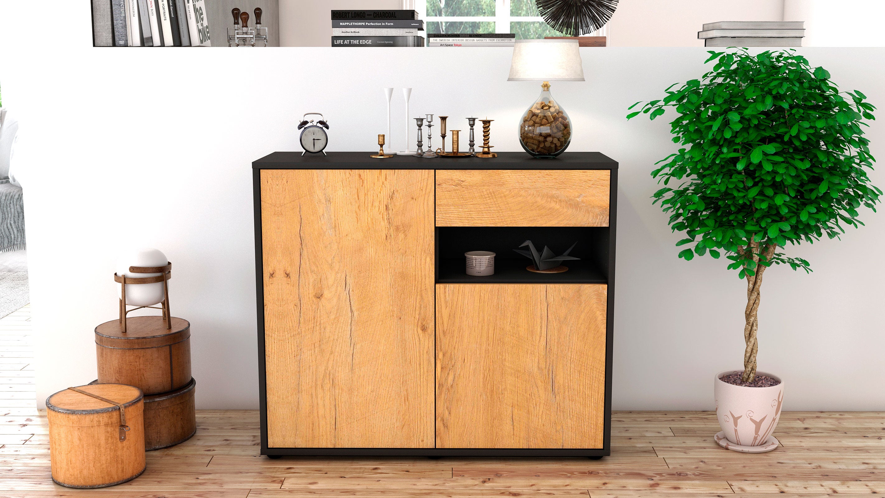 Sideboard - Charlotta - Design Holzdekor - Freistehend mit Push to open  92 cm Anthrazit