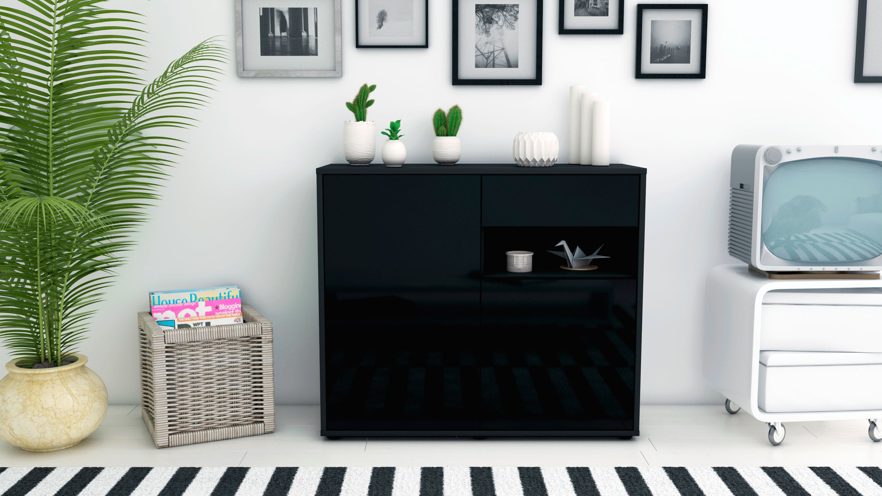 Sideboard - Charlotta - Design Hochglanz - Freistehend mit Push to open  92 cm Anthrazit