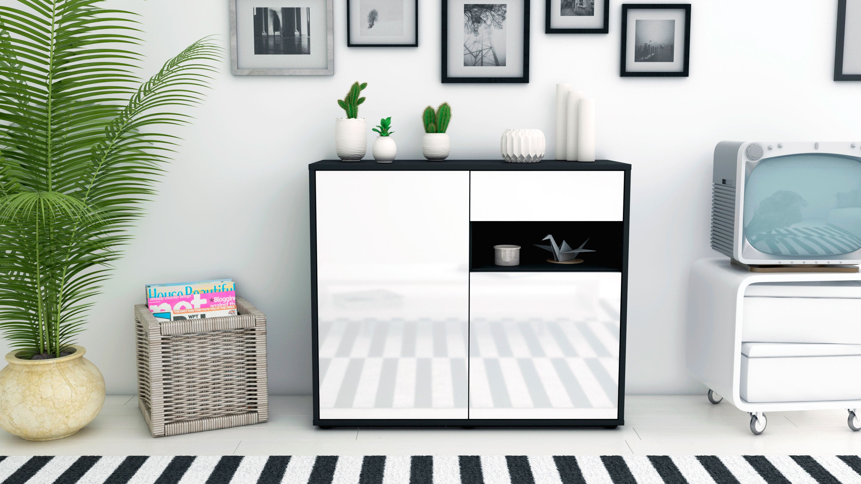 Sideboard - Charlotta - Design Hochglanz - Freistehend mit Push to open  92 cm Anthrazit