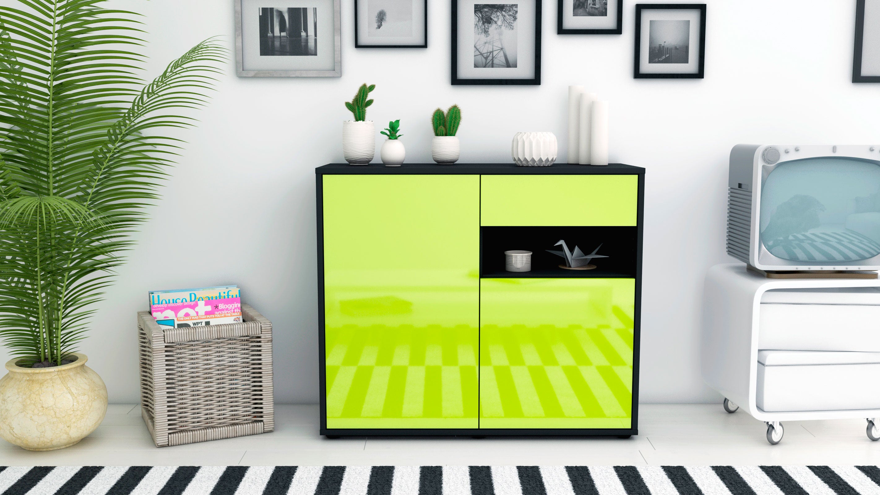 Sideboard - Charlotta - Design Hochglanz - Freistehend mit Push to open  92 cm Anthrazit