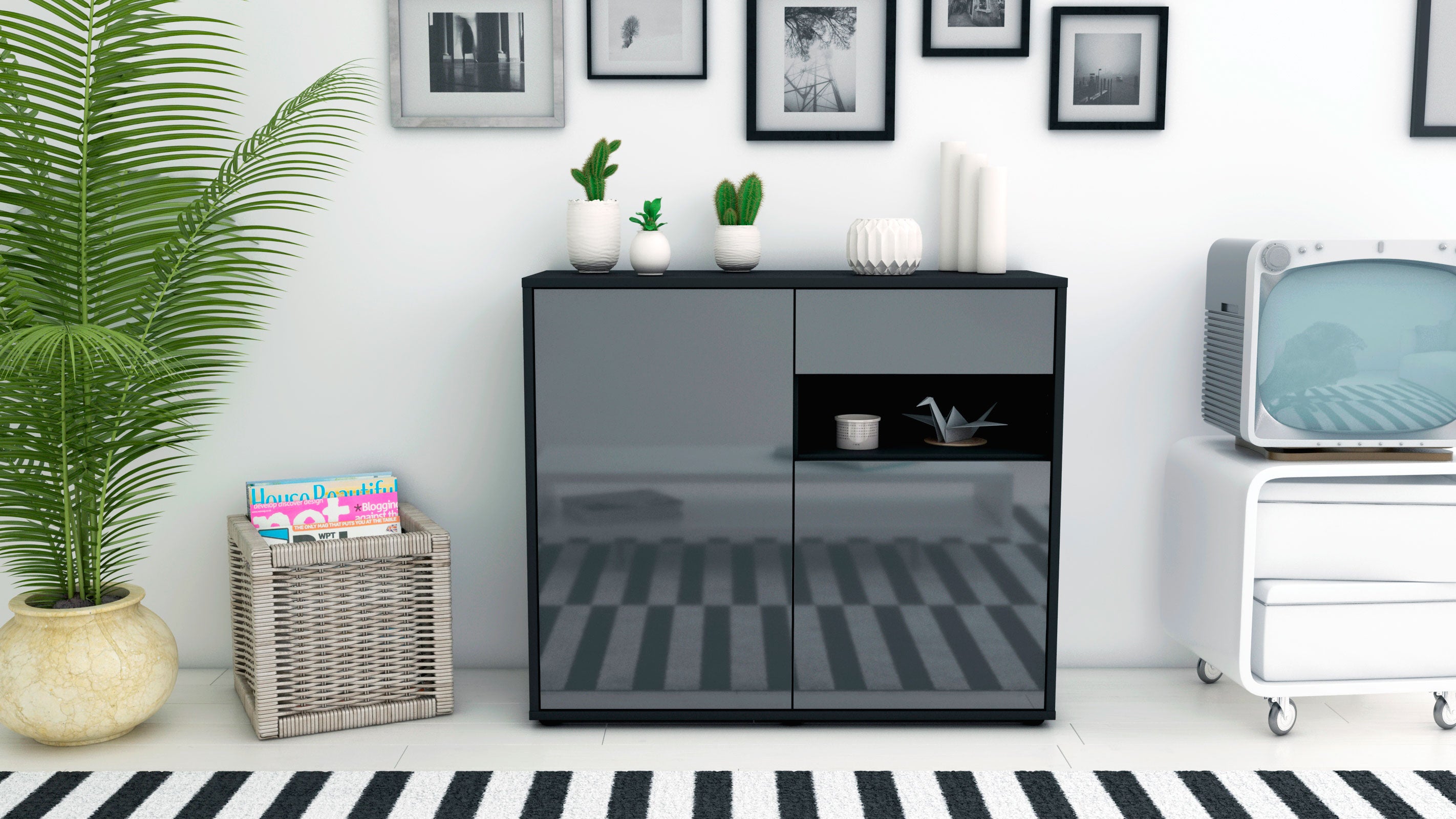Sideboard - Charlotta - Design Hochglanz - Freistehend mit Push to open  92 cm Anthrazit