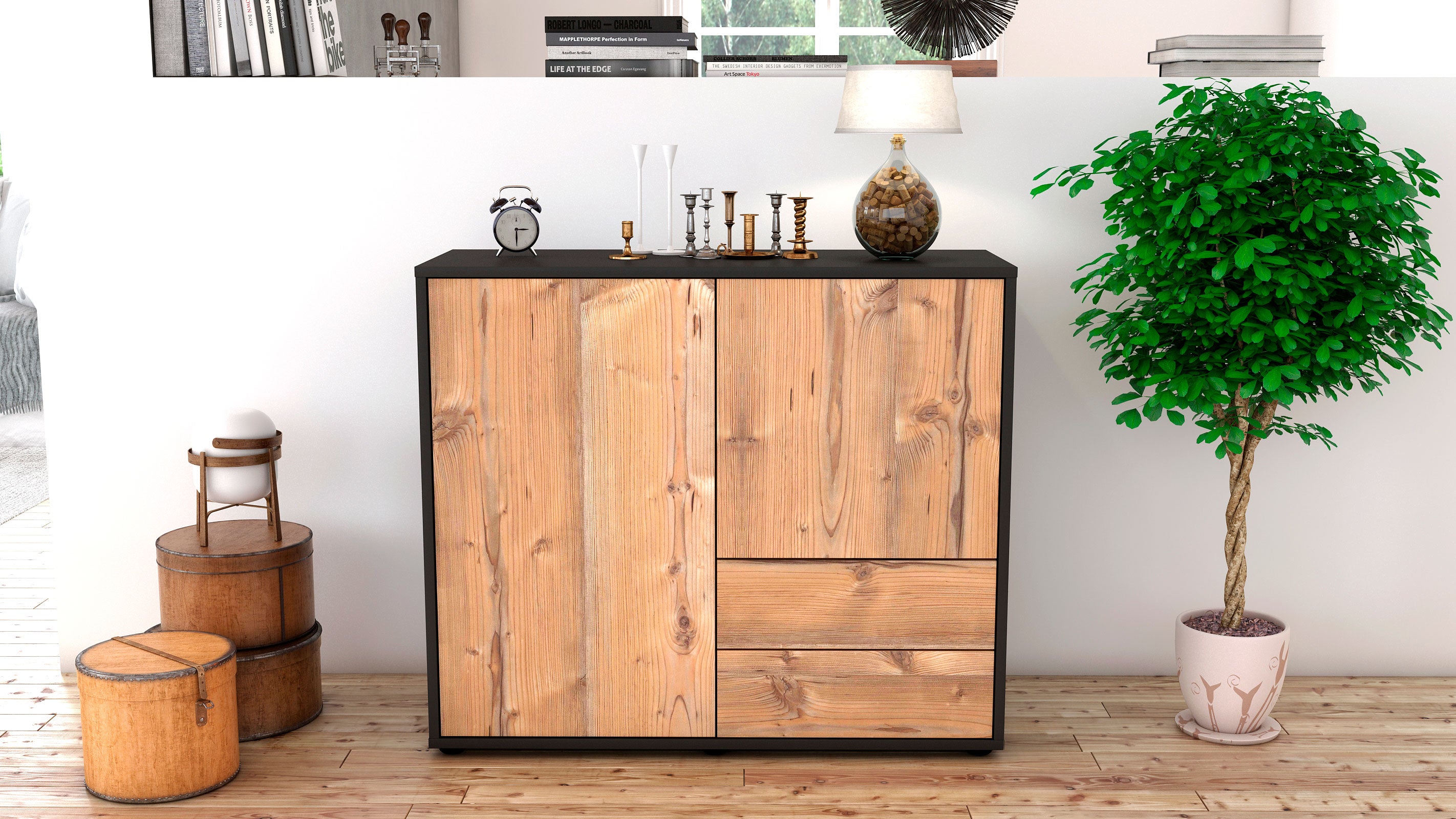 Sideboard - Chiara - Design Holzdekor - Freistehend mit Push to open  92 cm Anthrazit