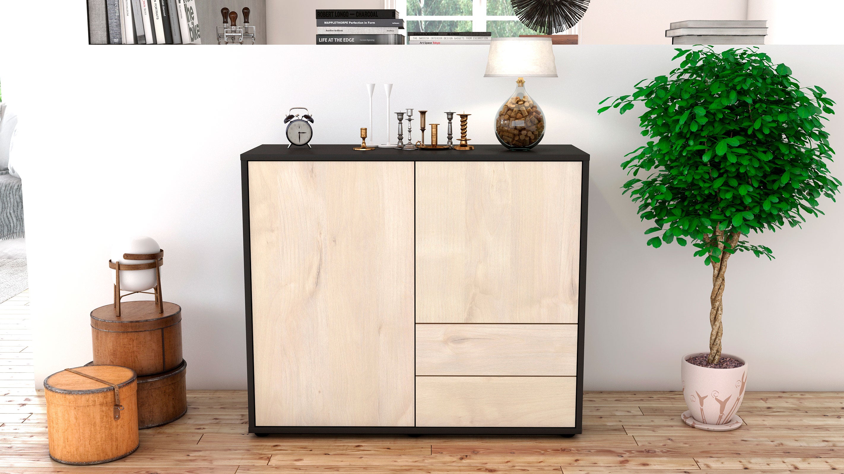 Sideboard - Chiara - Design Holzdekor - Freistehend mit Push to open  92 cm Anthrazit