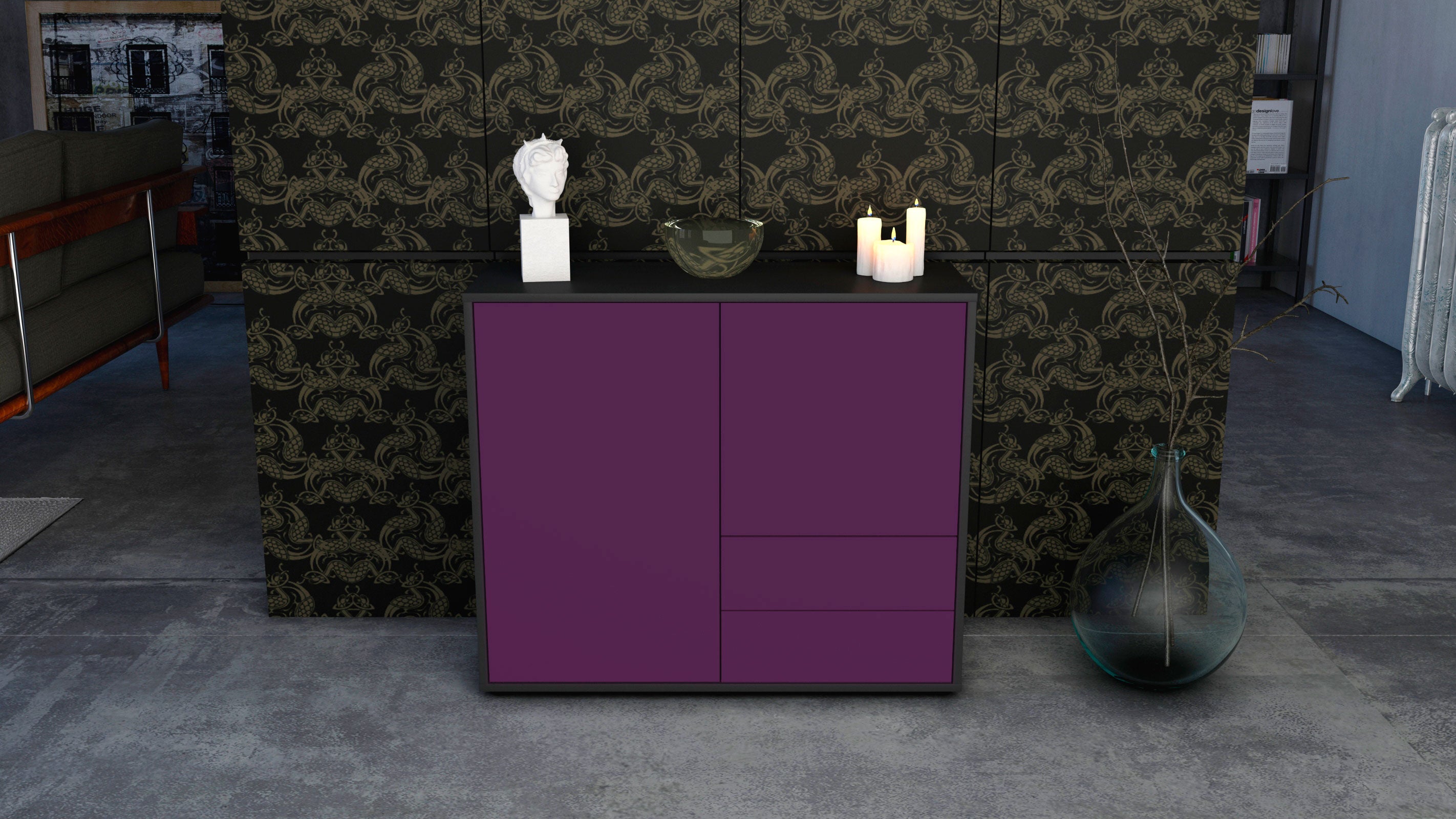 Sideboard - Chiara - Design Farbakzent - Freistehend mit Push to open  92 cm Anthrazit