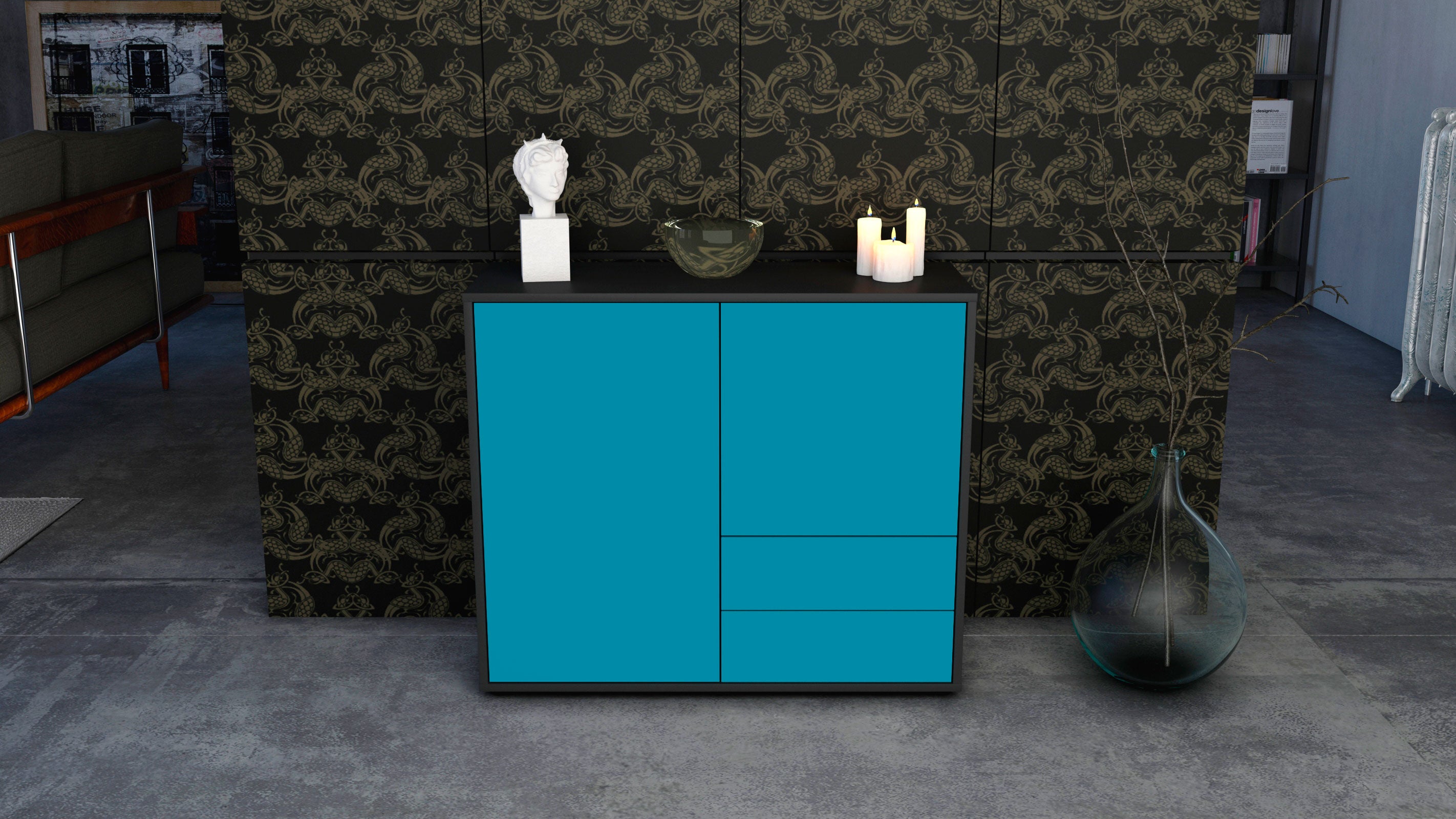 Sideboard - Chiara - Design Farbakzent - Freistehend mit Push to open  92 cm Anthrazit