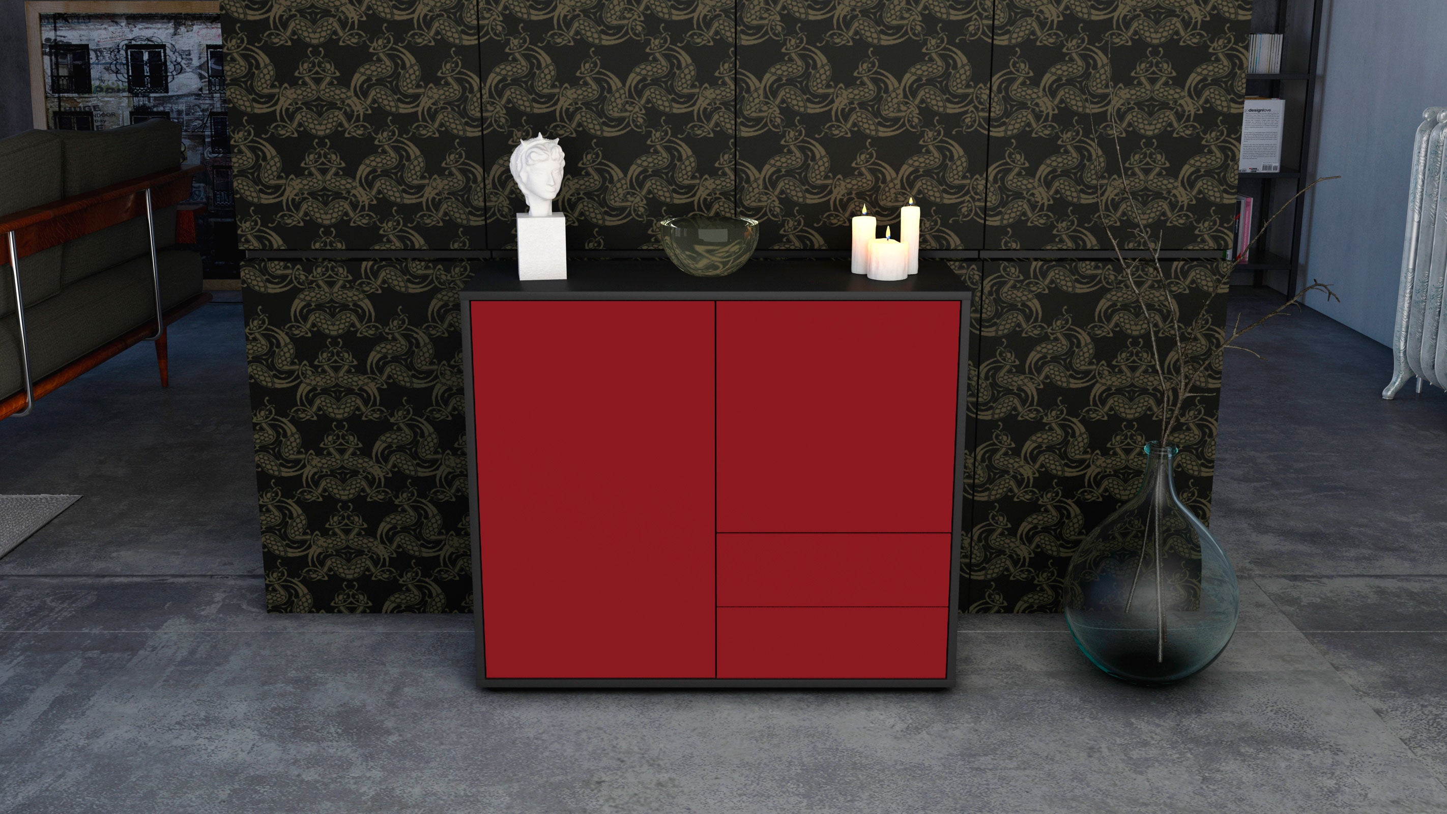 Sideboard - Chiara - Design Farbakzent - Freistehend mit Push to open  92 cm Anthrazit