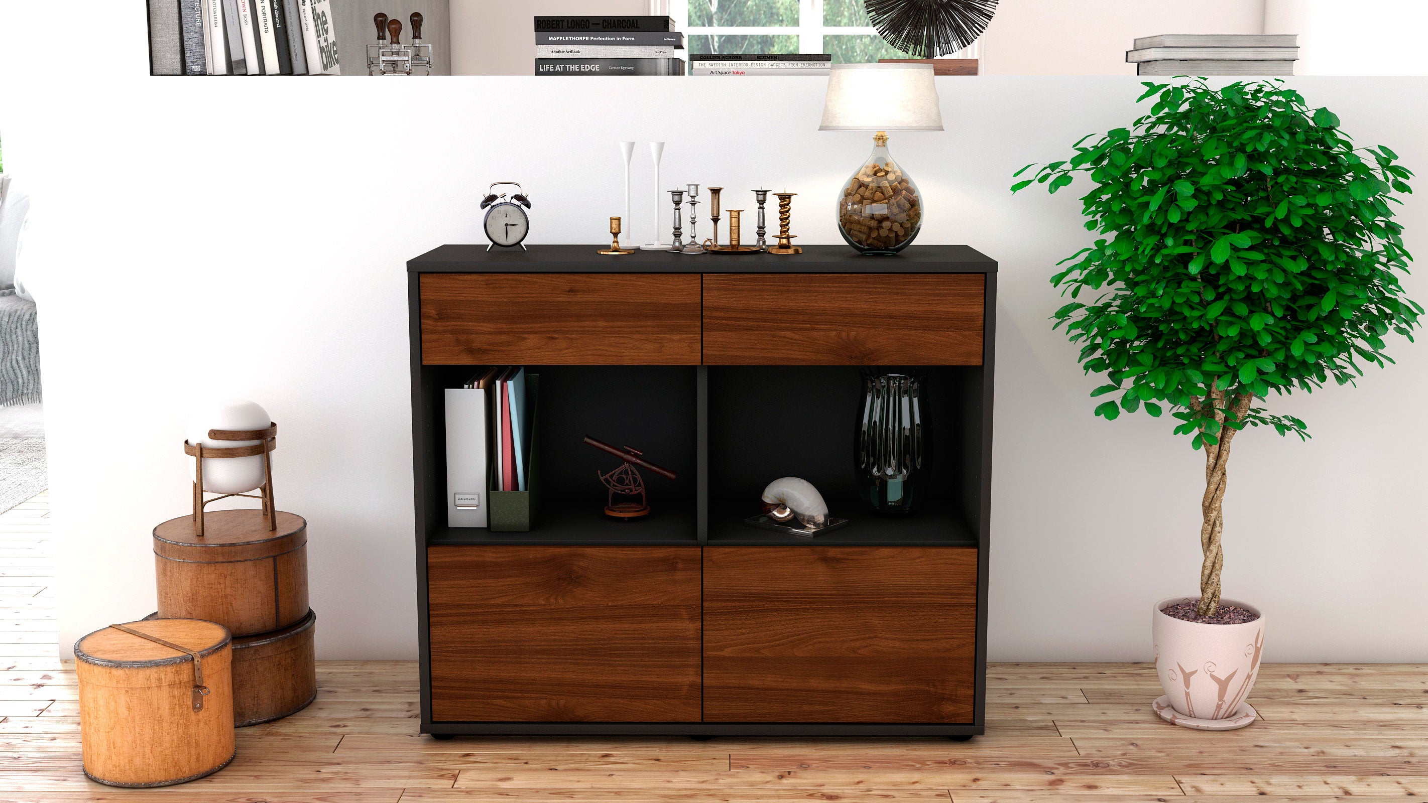 Sideboard - Christina - Design Holzdekor - Freistehend mit Push to open  92 cm Anthrazit