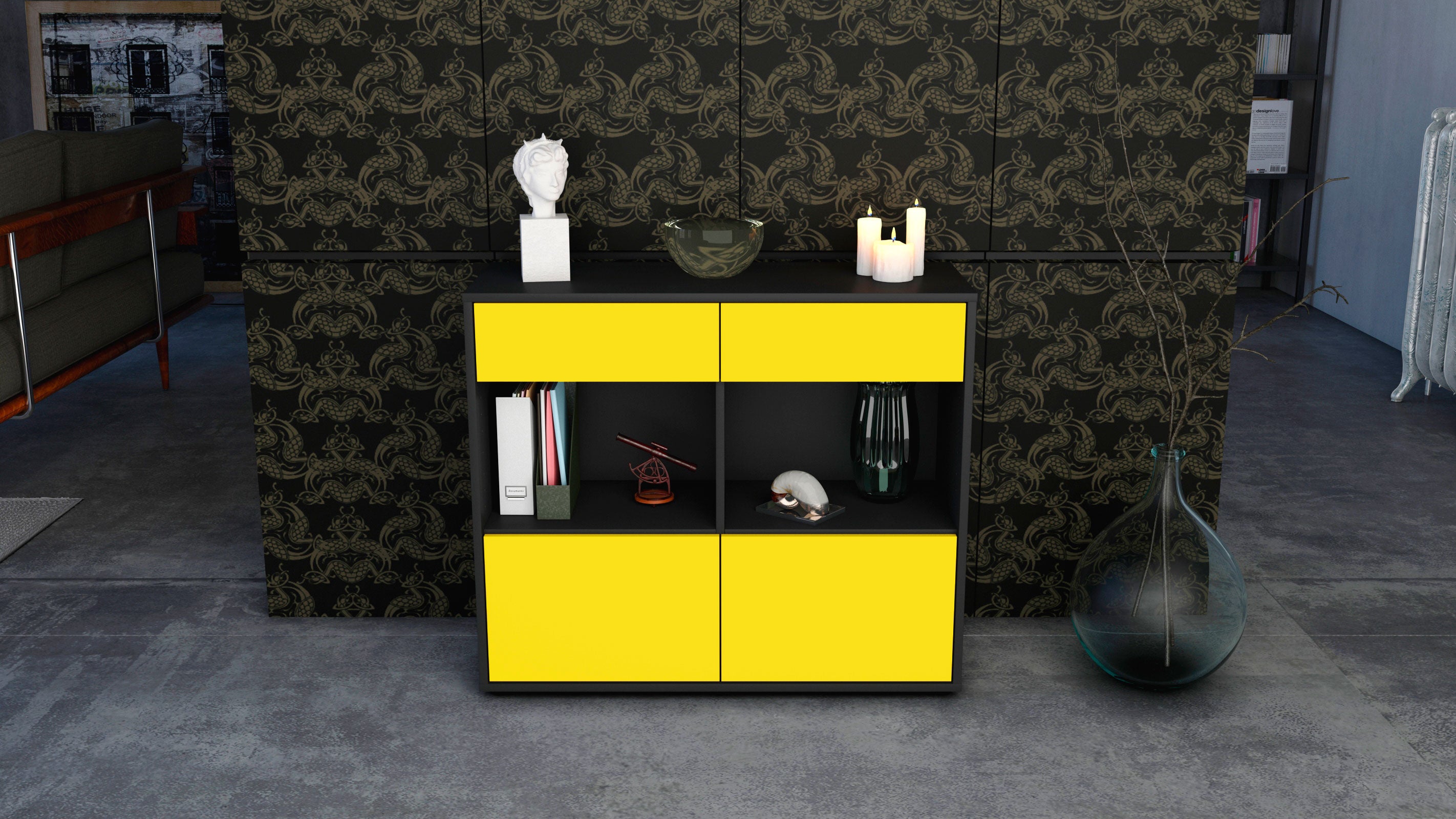 Sideboard - Christina - Design Farbakzent - Freistehend mit Push to open  92 cm Anthrazit