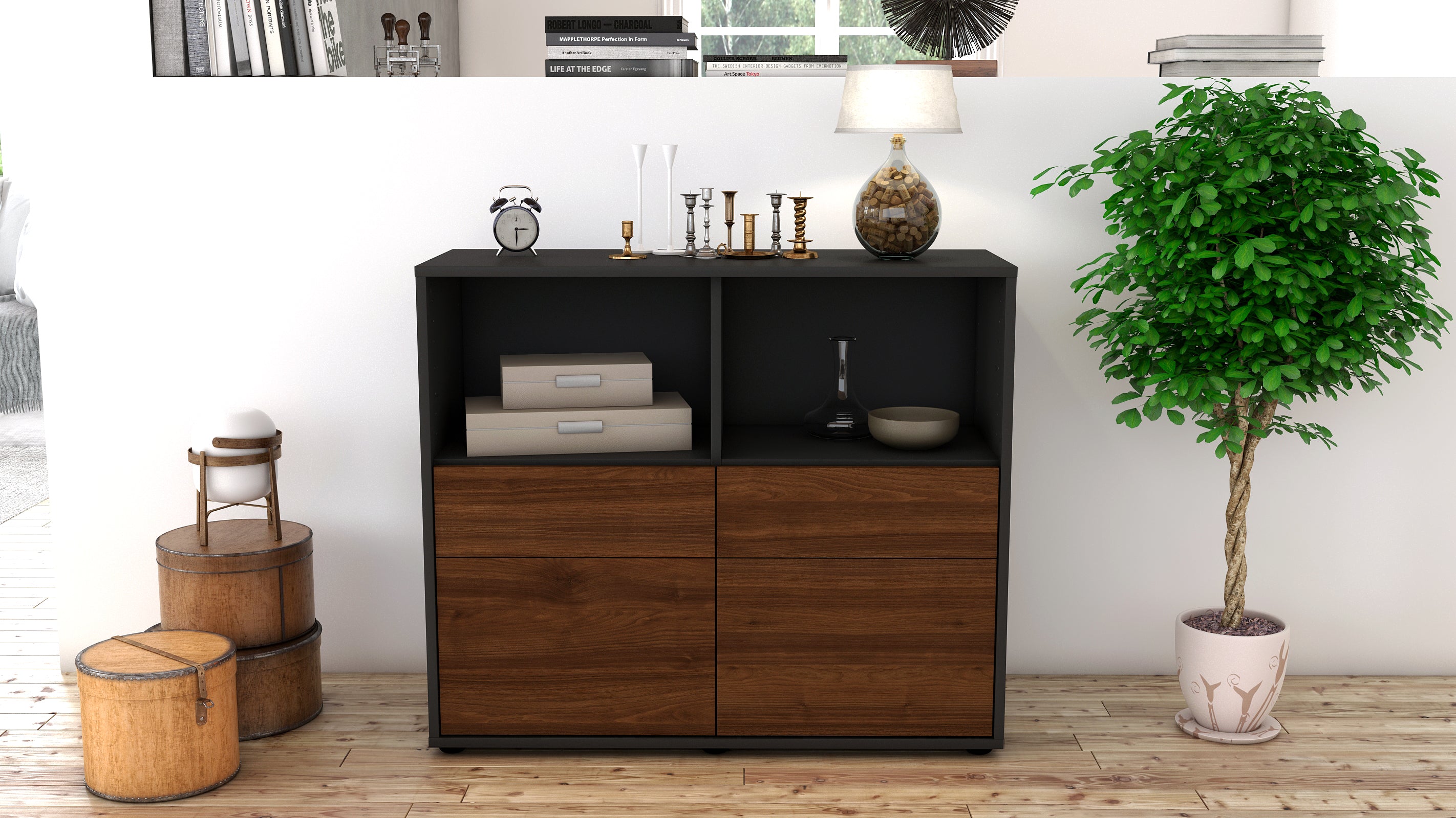 Sideboard - Christine - Design Holzdekor - Freistehend mit Push to open  92 cm Anthrazit