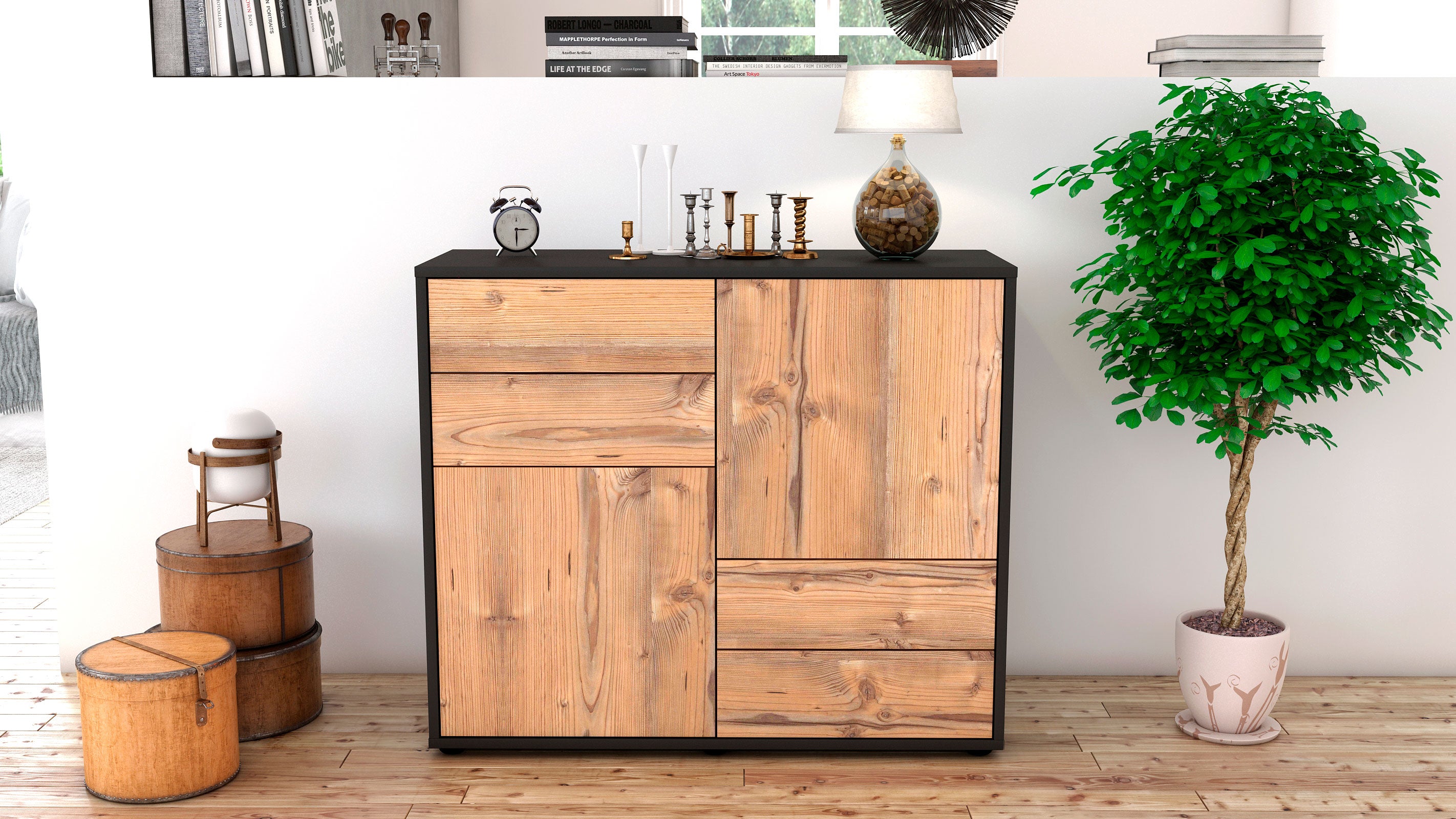 Sideboard - Ciara - Design Holzdekor - Freistehend mit Push to open  92 cm Anthrazit