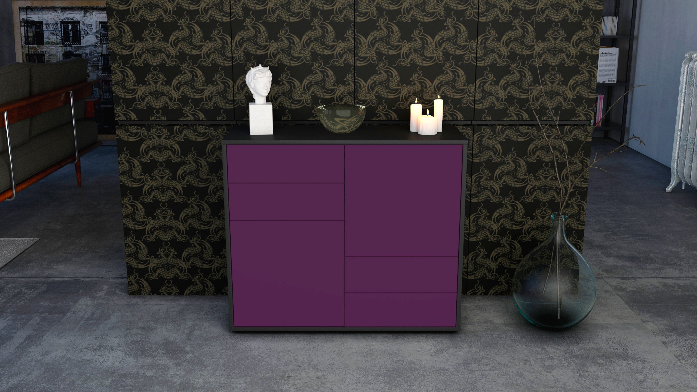 Sideboard - Ciara - Design Farbakzent - Freistehend mit Push to open  92 cm Anthrazit