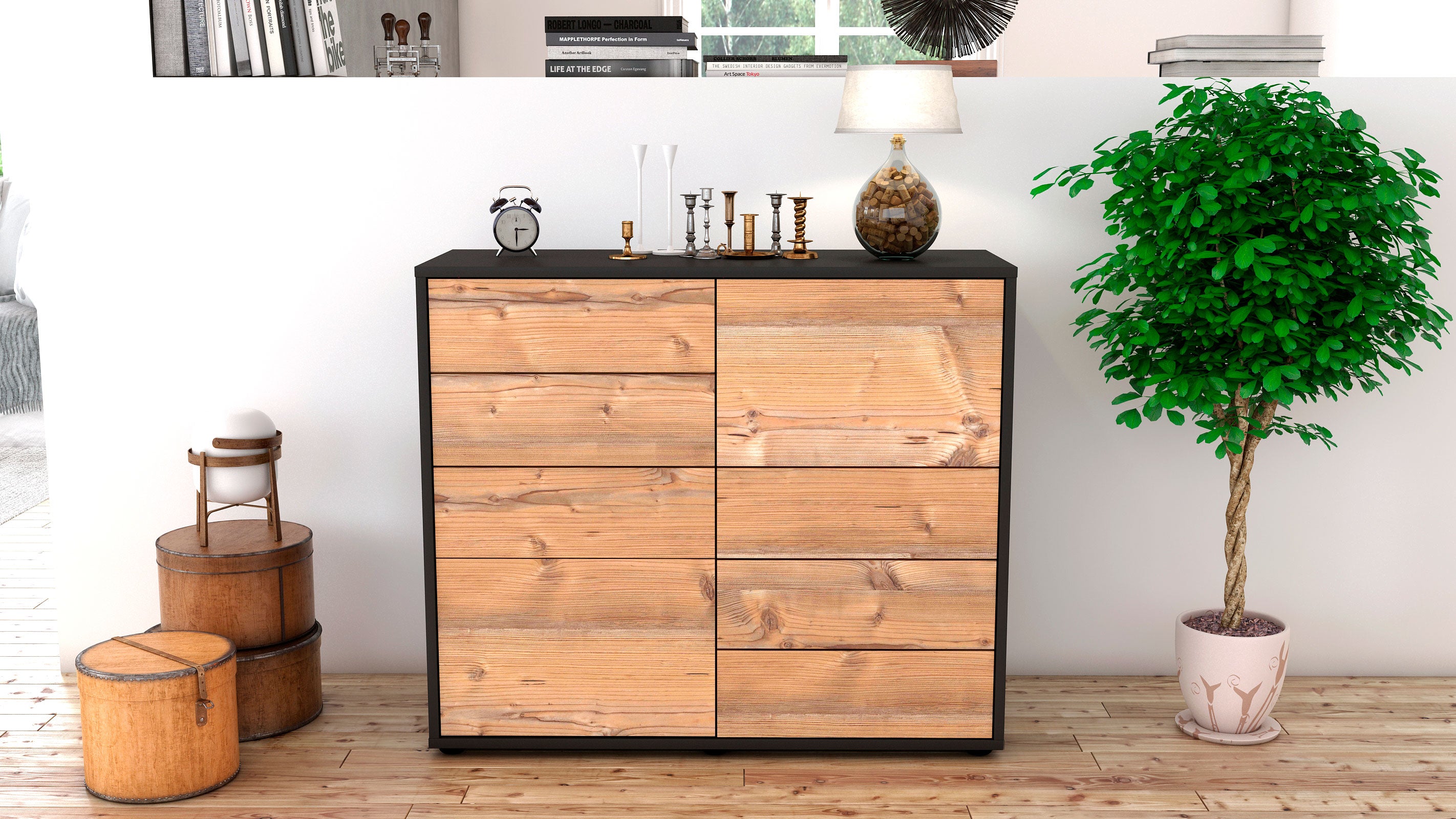 Sideboard - Circe - Design Holzdekor - Freistehend mit Push to open  92 cm Anthrazit