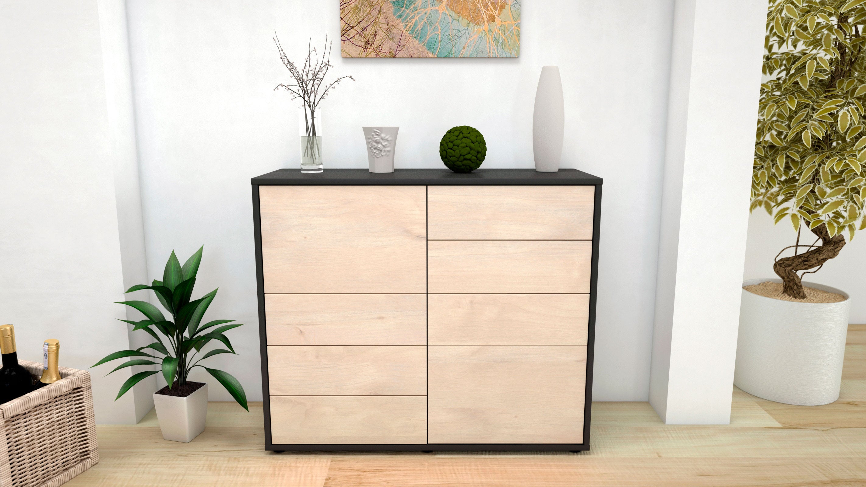 Sideboard - Clarissa - Design Holzdekor - Freistehend mit Push to open  92 cm Anthrazit