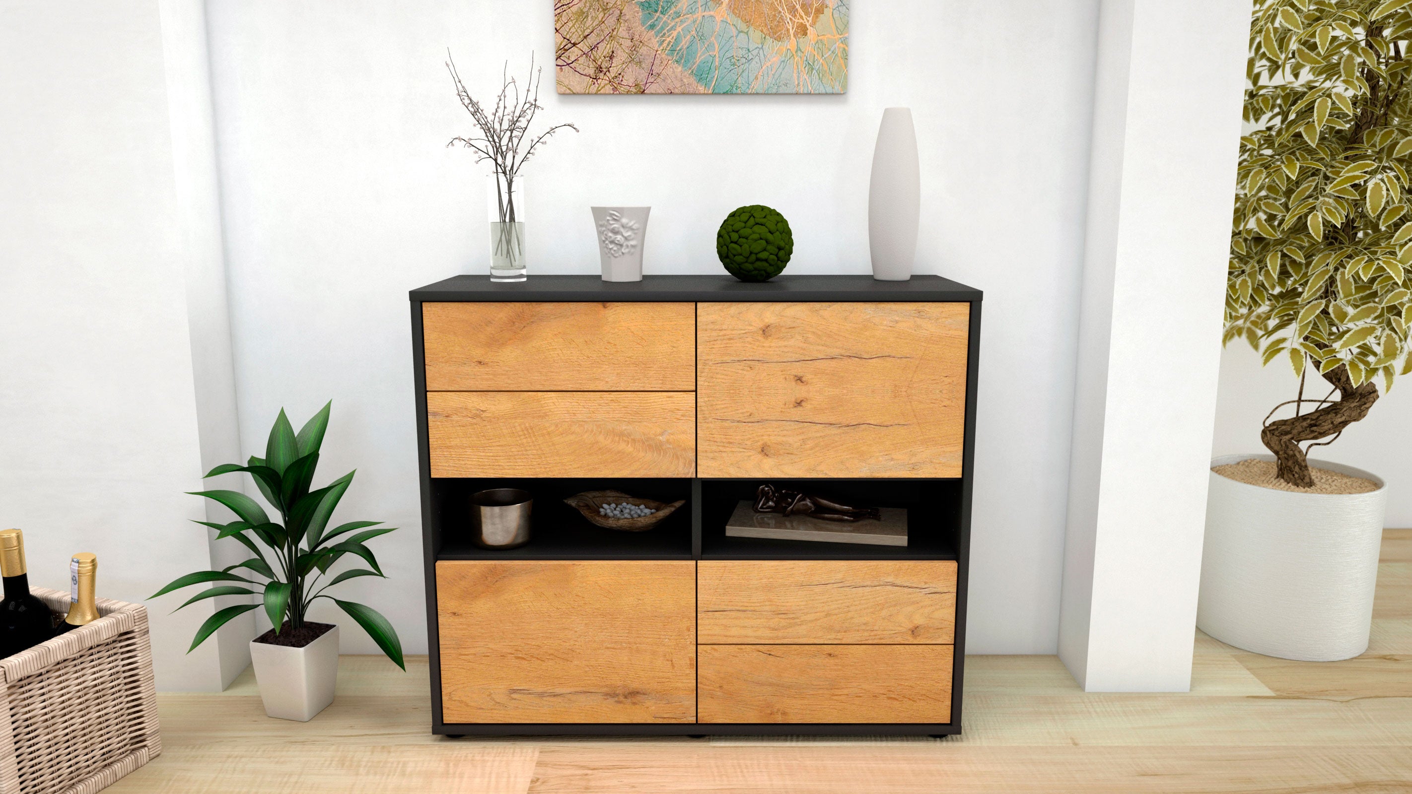 Sideboard - Claudia - Design Holzdekor - Freistehend mit Push to open  92 cm Anthrazit