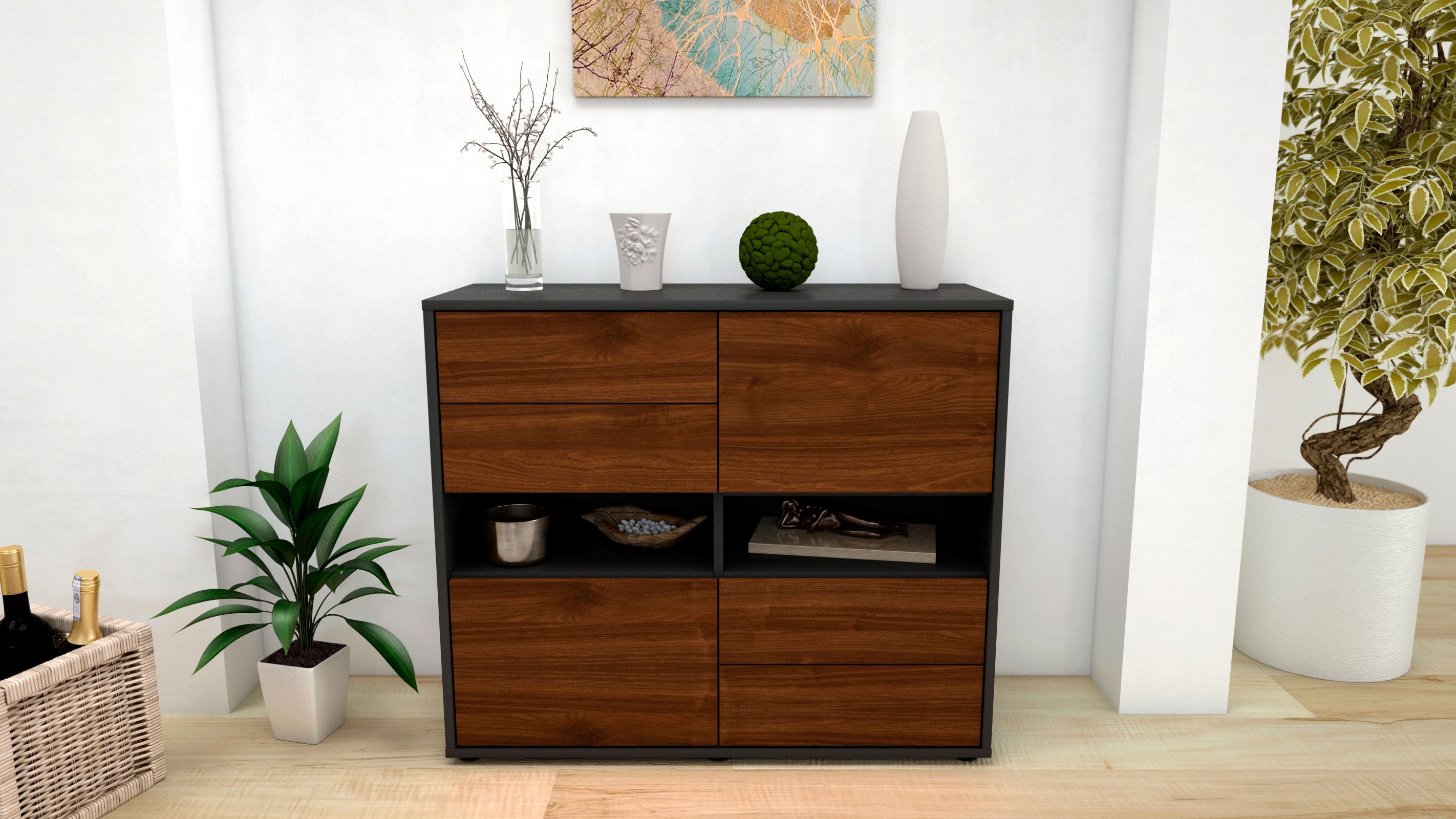 Sideboard - Claudia - Design Holzdekor - Freistehend mit Push to open  92 cm Anthrazit