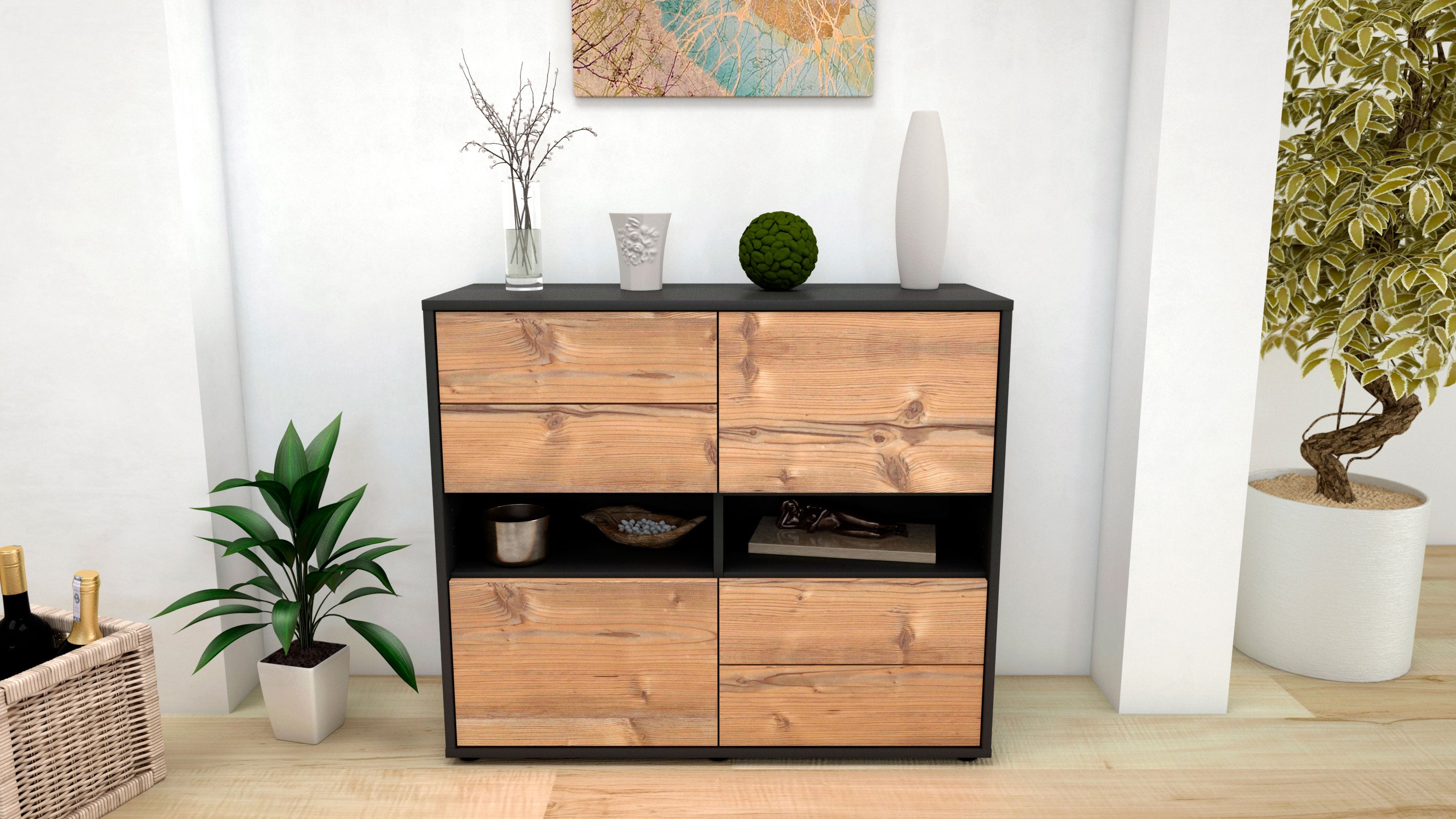 Sideboard - Claudia - Design Holzdekor - Freistehend mit Push to open  92 cm Anthrazit