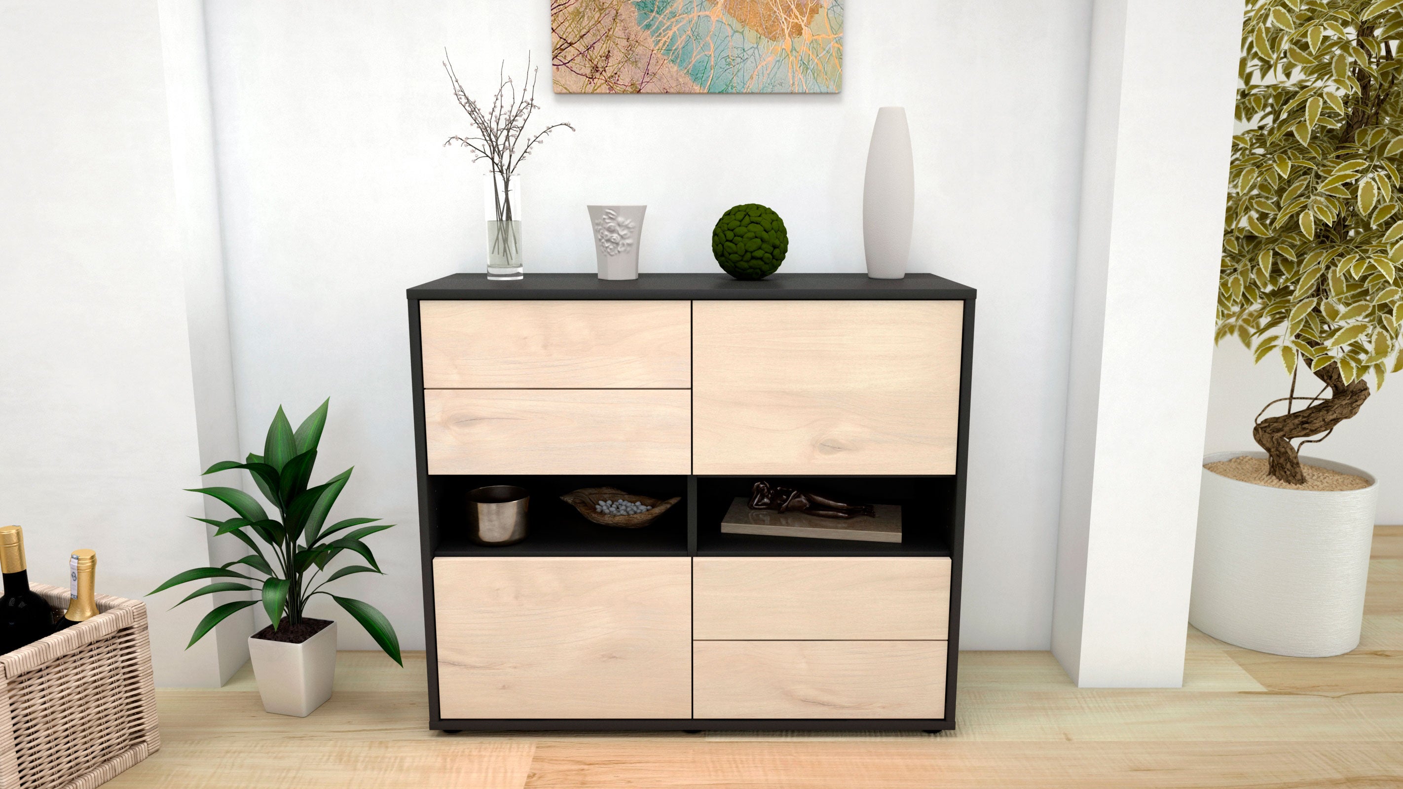 Sideboard - Claudia - Design Holzdekor - Freistehend mit Push to open  92 cm Anthrazit