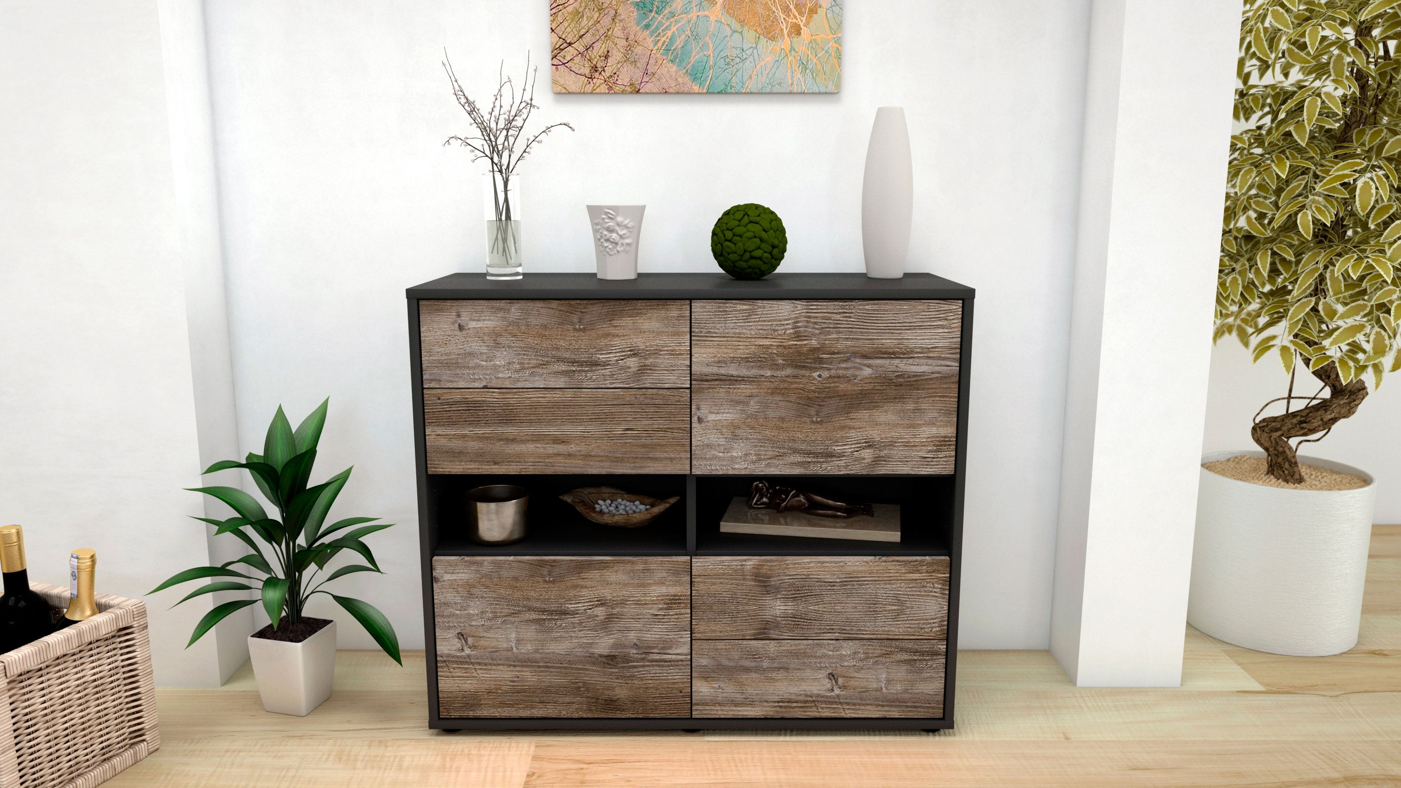 Sideboard - Claudia - Design Holzdekor - Freistehend mit Push to open  92 cm Anthrazit