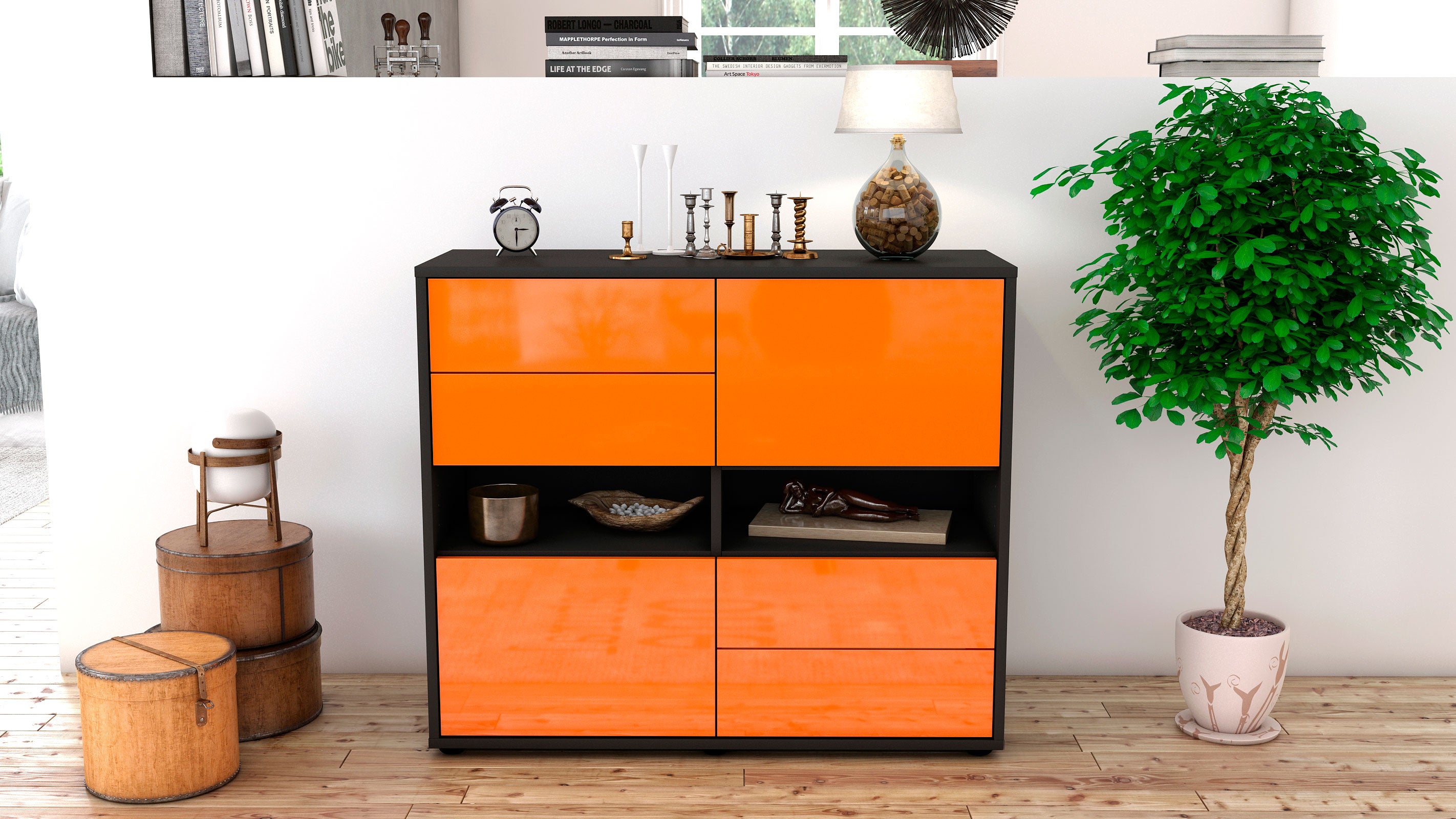 Sideboard - Claudia - Design Hochglanz - Freistehend mit Push to open  92 cm Anthrazit