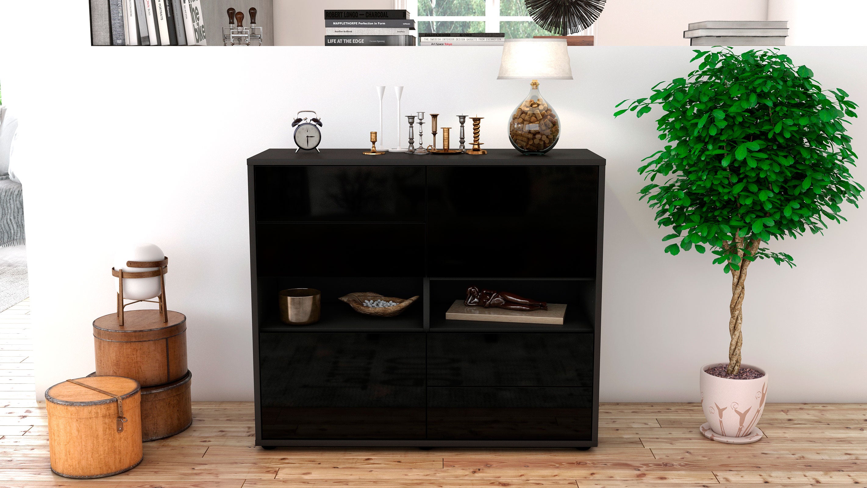 Sideboard - Claudia - Design Hochglanz - Freistehend mit Push to open  92 cm Anthrazit