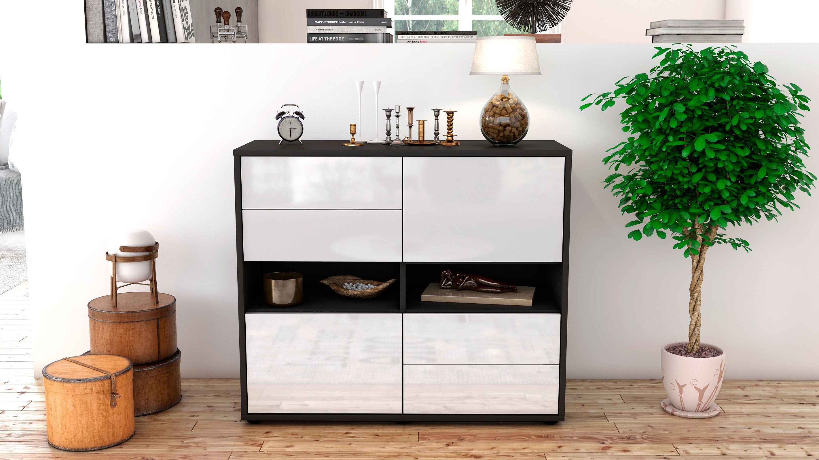 Sideboard - Claudia - Design Hochglanz - Freistehend mit Push to open  92 cm Anthrazit