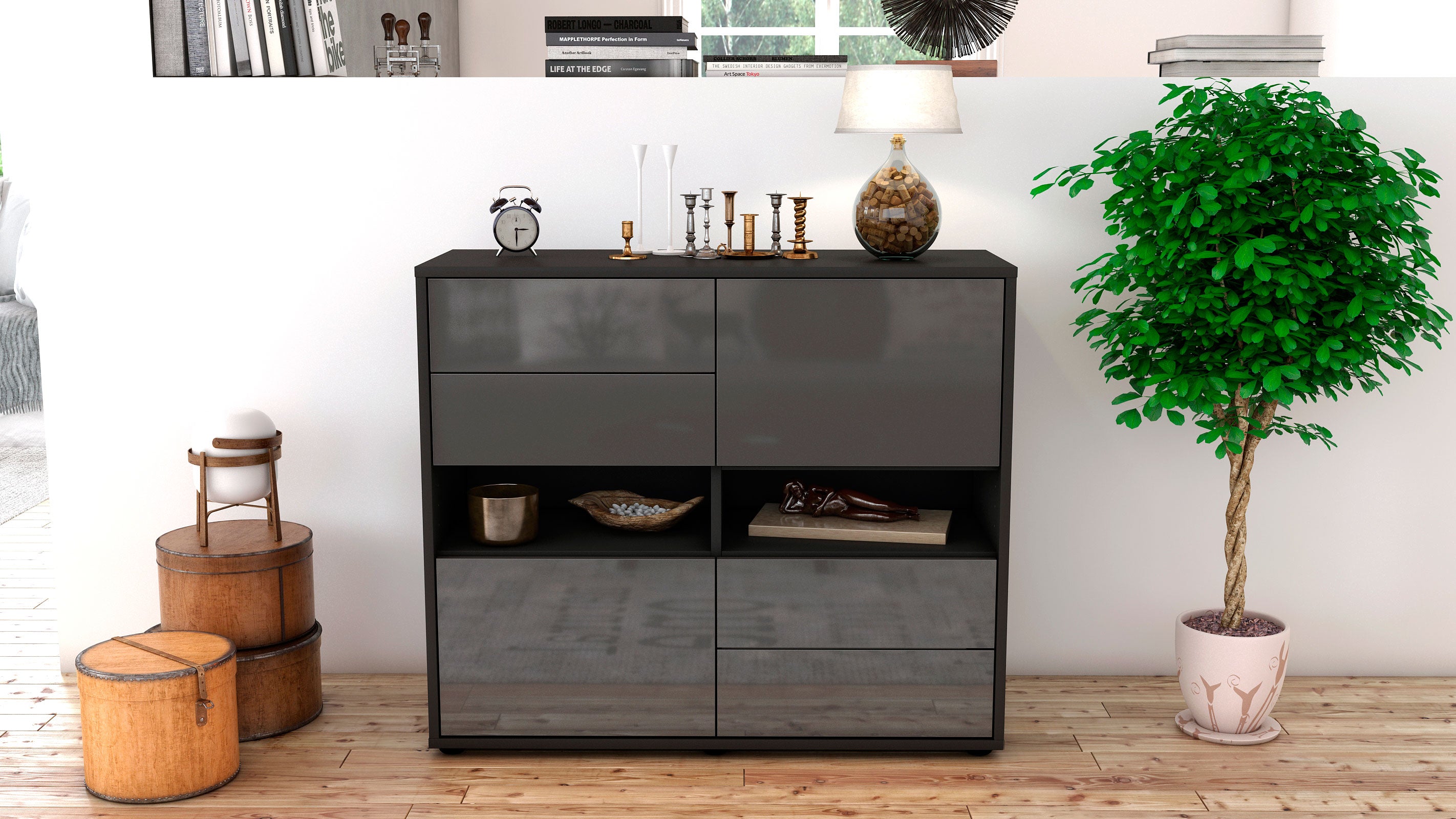 Sideboard - Claudia - Design Hochglanz - Freistehend mit Push to open  92 cm Anthrazit